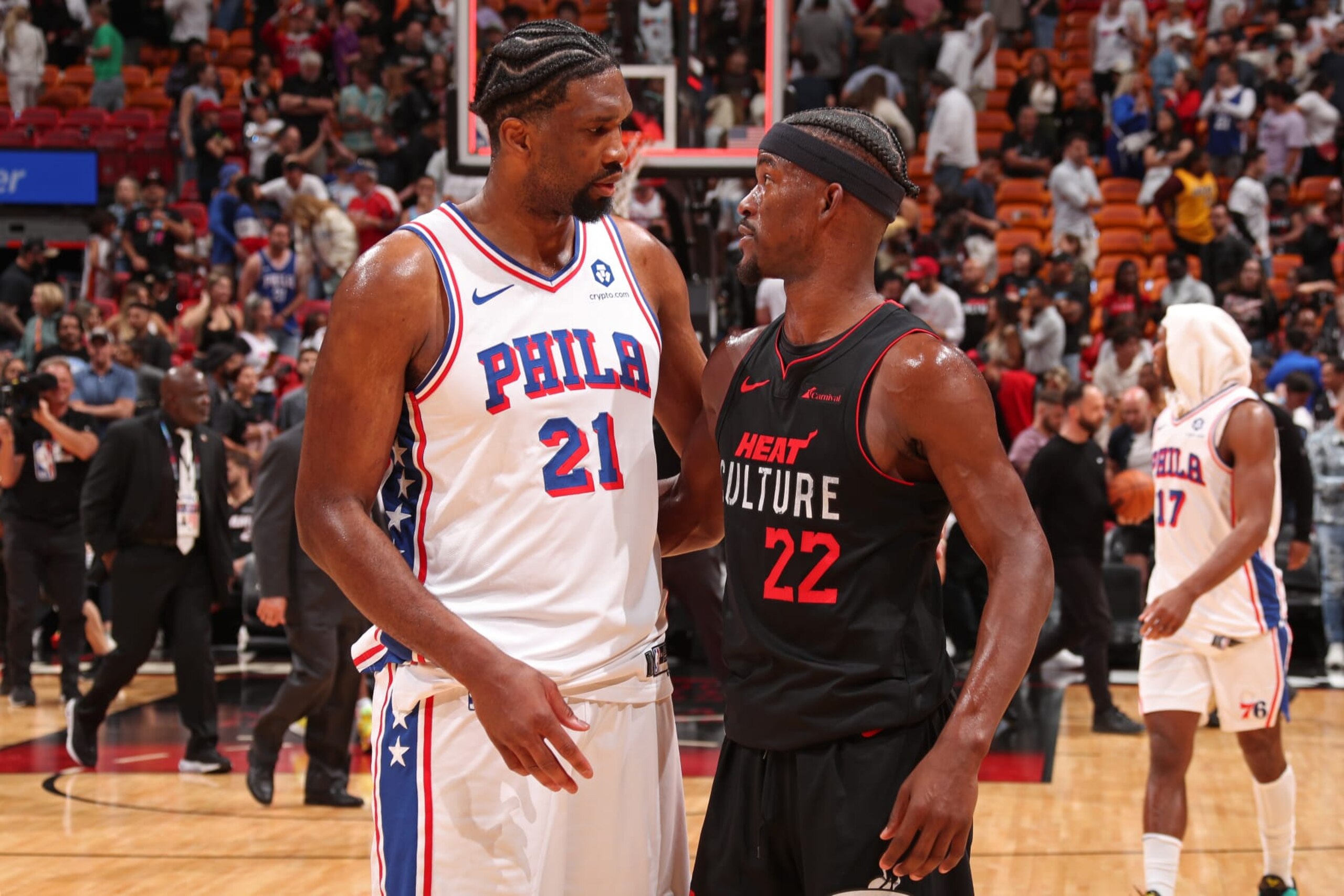 MIAMI, FL - APRIL 4: Joel Embiid #21 of the Philadelphia 76ers and Jimmy Butler #22 of the Miami Heat embrace after the game on April 4, 2024 at Kaseya Center in Miami, Florida. NOTE TO USER: User expressly acknowledges and agrees that, by downloading and or using this Photograph, user is consenting to the terms and conditions of the Getty Images License Agreement. Mandatory Copyright Notice: Copyright 2024 NBAE (Photo by Issac Baldizon/NBAE via Getty Images) MIAMI, FL - APRIL 4: Joel Embiid #21 of the Philadelphia 76ers and Jimmy Butler #22 of the Miami Heat embrace after the game on April 4, 2024 at Kaseya Center in Miami, Florida. NOTE TO USER: User expressly acknowledges and agrees that, by downloading and or using this Photograph, user is consenting to the terms and conditions of the Getty Images License Agreement. Mandatory Copyright Notice: Copyright 2024 NBAE (Photo by Issac Baldizon/NBAE via Getty Images)