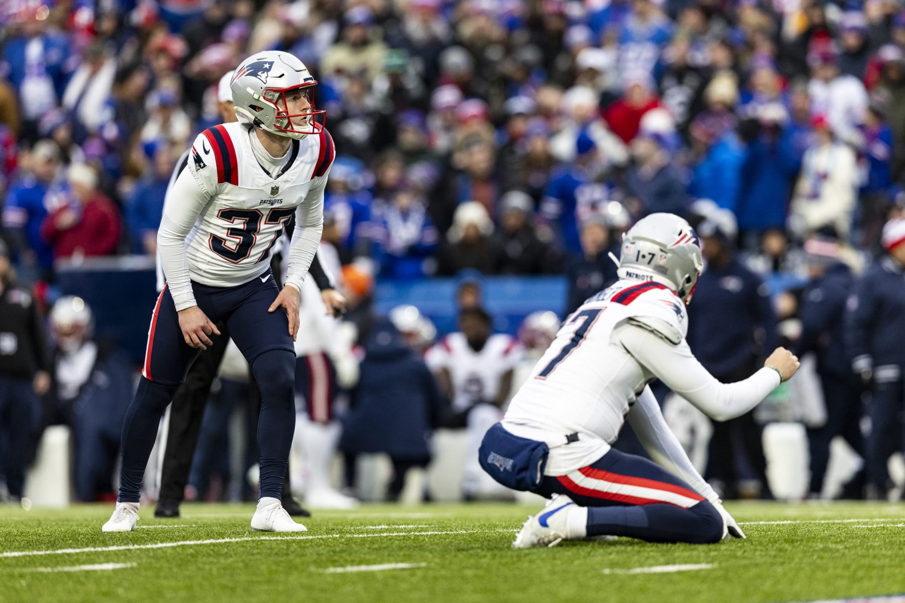 BUFFALO, NEW YORK - DECEMBER 31: Chad Ryland #37 of the New England Patriots kicks a field goal during the game against the Buffalo Bills at Highmark Stadium on December 31, 2023 in Buffalo, New York. The Bills beat the Patriots 27-21. (Photo by Lauren Leigh Bacho/Getty Images)