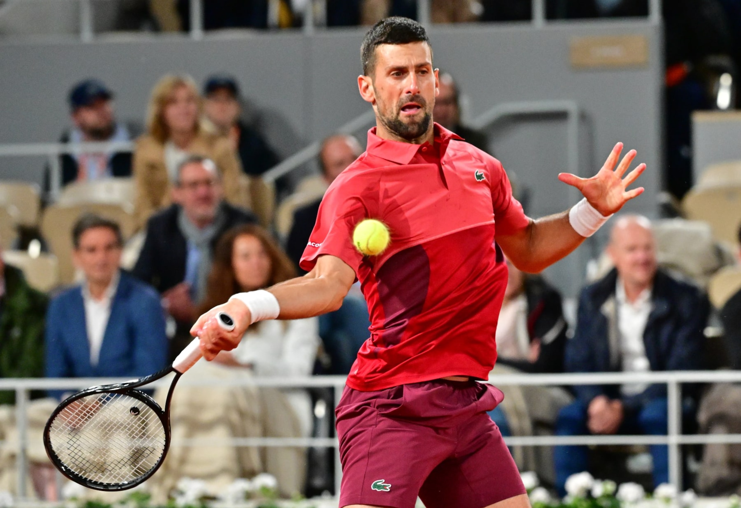 :PARIS, FRANCE - MAY 28: Novak Djokovic of Serbia hits a forehand in action against Pierre-Hugues Herbert of Franc in the first round of the men's singles at Roland Garros on May 28, 2024 in Paris, Francephoto by Christian Liewig - Corbis/Getty Images) :PARIS, FRANCE - MAY 28: Novak Djokovic of Serbia hits a forehand in action against Pierre-Hugues Herbert of Franc in the first round of the men's singles at Roland Garros on May 28, 2024 in Paris, Francephoto by Christian Liewig - Corbis/Getty Images)