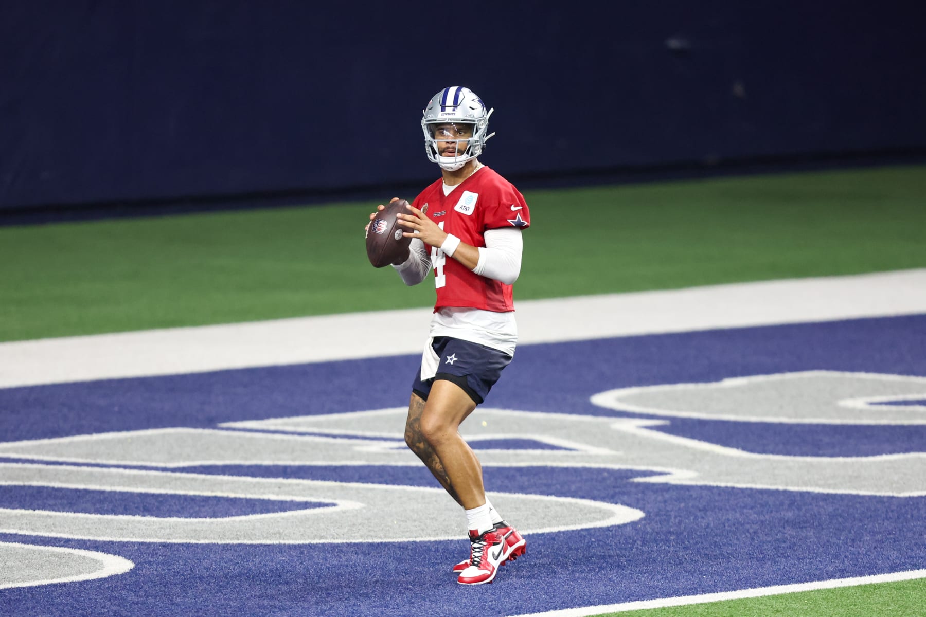 FRISCO, TX - MAY 22: Dallas Cowboys quarterback Dak Prescott (4) passes during the Dallas Cowboys OTAs on May 22, 2024 at The Star in Frisco, TX. (Photo by George Walker/Icon Sportswire via Getty Images) FRISCO, TX - MAY 22: Dallas Cowboys quarterback Dak Prescott (4) passes during the Dallas Cowboys OTAs on May 22, 2024 at The Star in Frisco, TX. (Photo by George Walker/Icon Sportswire via Getty Images)