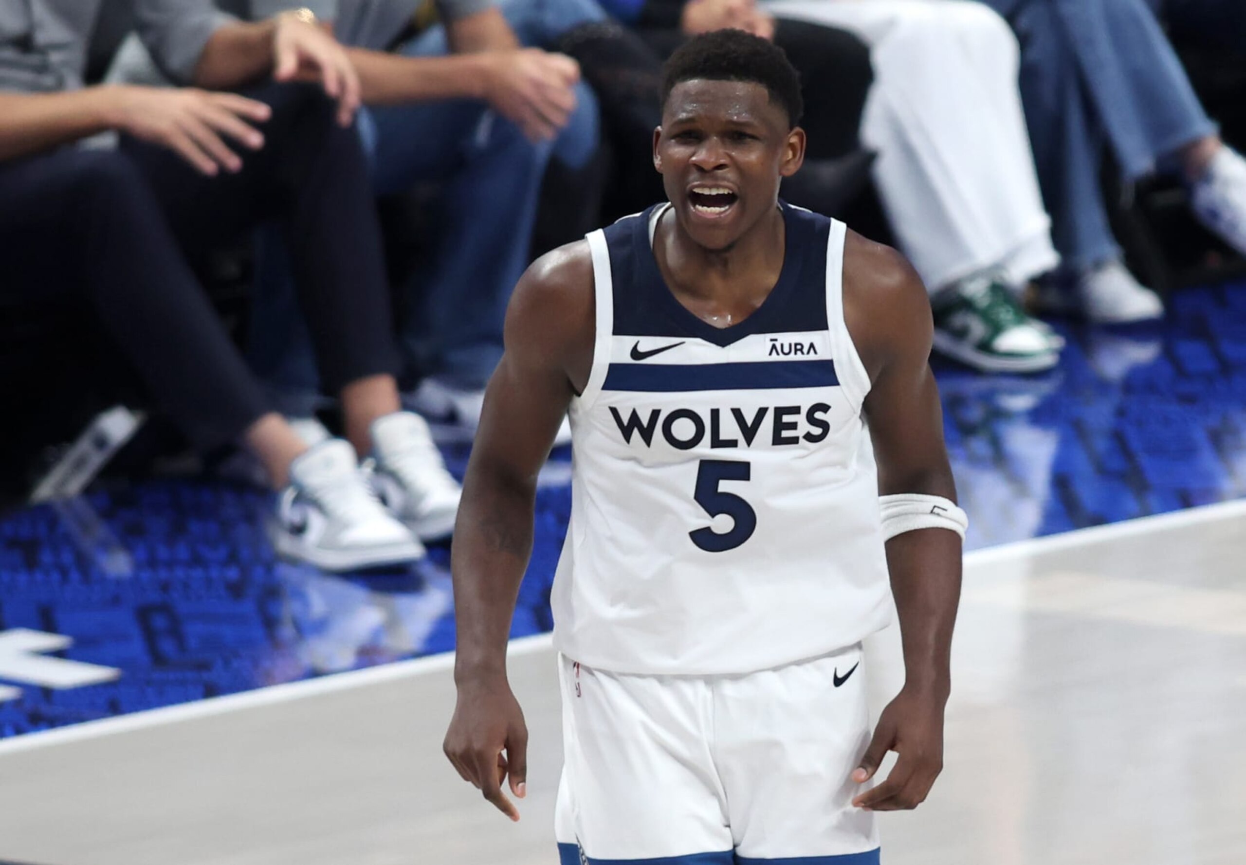 DALLAS, TEXAS - MAY 28: Anthony Edwards #5 of the Minnesota Timberwolves reacts during the second half in Game Four of the Western Conference Finals at American Airlines Center on May 28, 2024 in Dallas, Texas. NOTE TO USER: User expressly acknowledges and agrees that, by downloading and or using this photograph, User is consenting to the terms and conditions of the Getty Images License Agreement. (Photo by Tim Heitman/Getty Images)