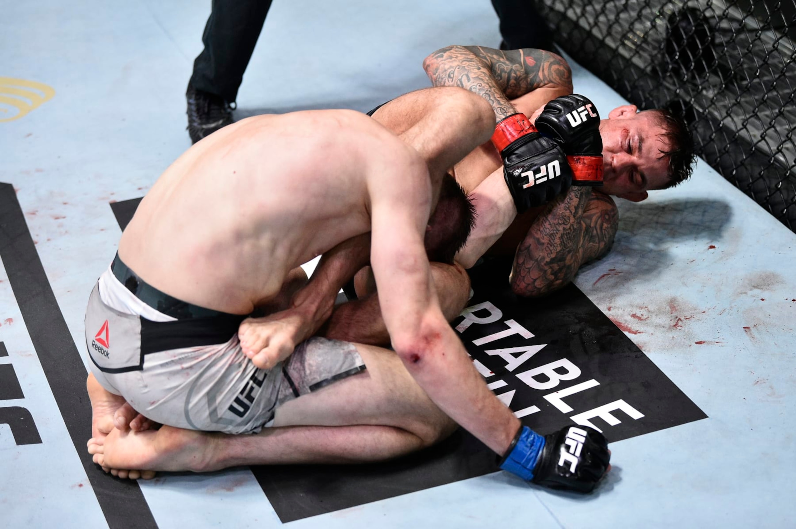Dustin Poirier attempts an arm bar against Dan Hooker