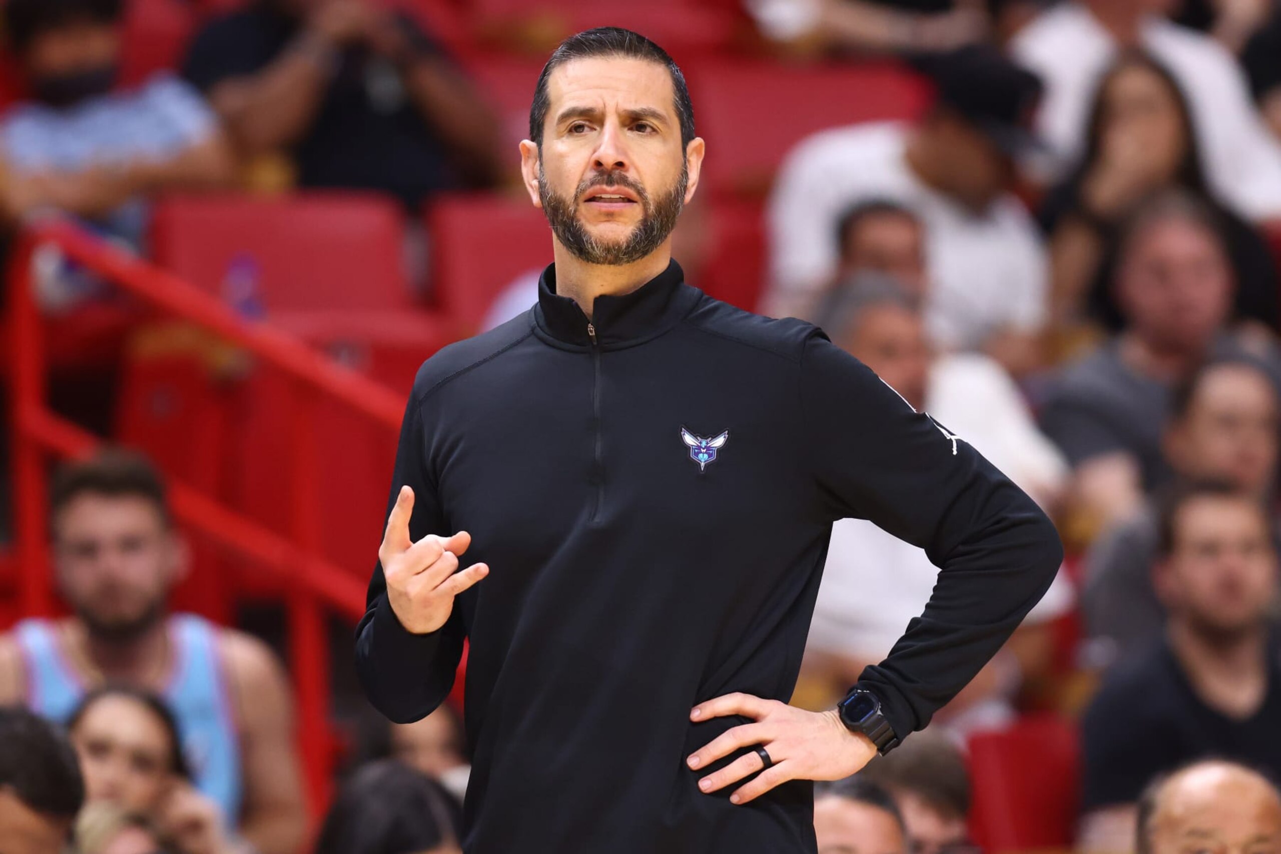 MIAMI, FLORIDA - APRIL 05: Head coach James Borrego of the Charlotte Hornets reacts against the Miami Heat during the second half at FTX Arena on April 05, 2022 in Miami, Florida. NOTE TO USER: User expressly acknowledges and agrees that, by downloading and or using this photograph, User is consenting to the terms and conditions of the Getty Images License Agreement.  (Photo by Michael Reaves/Getty Images)