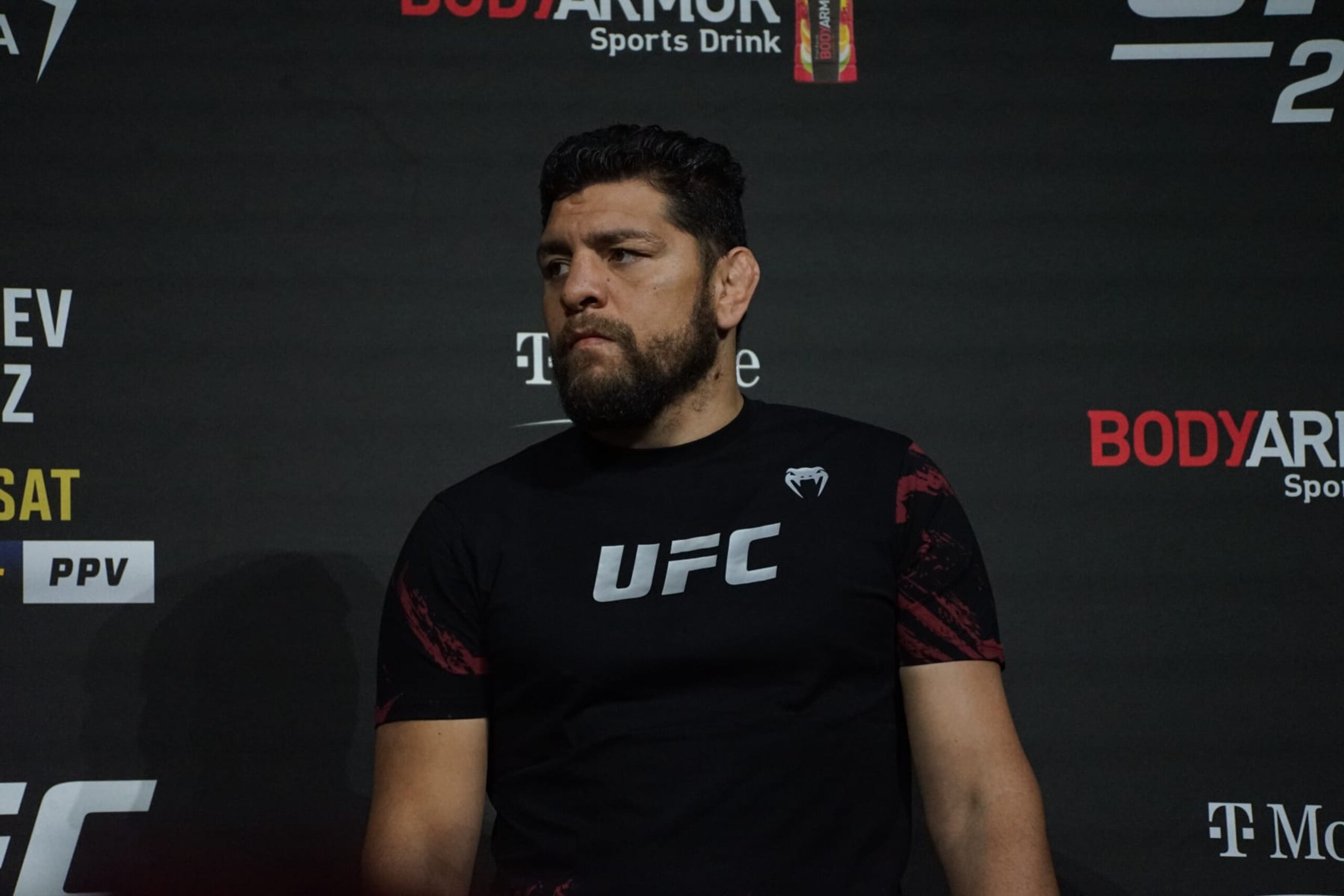 LAS VEGAS, NV - SEPTEMBER 9: Nick Diaz appears on stage at the UFC 279 ceremonial weigh-ins on September 9, 2022, at the MGM Grand Arena in Las Vegas, NV. (Photo by Amy Kaplan/Icon Sportswire via Getty Images)
