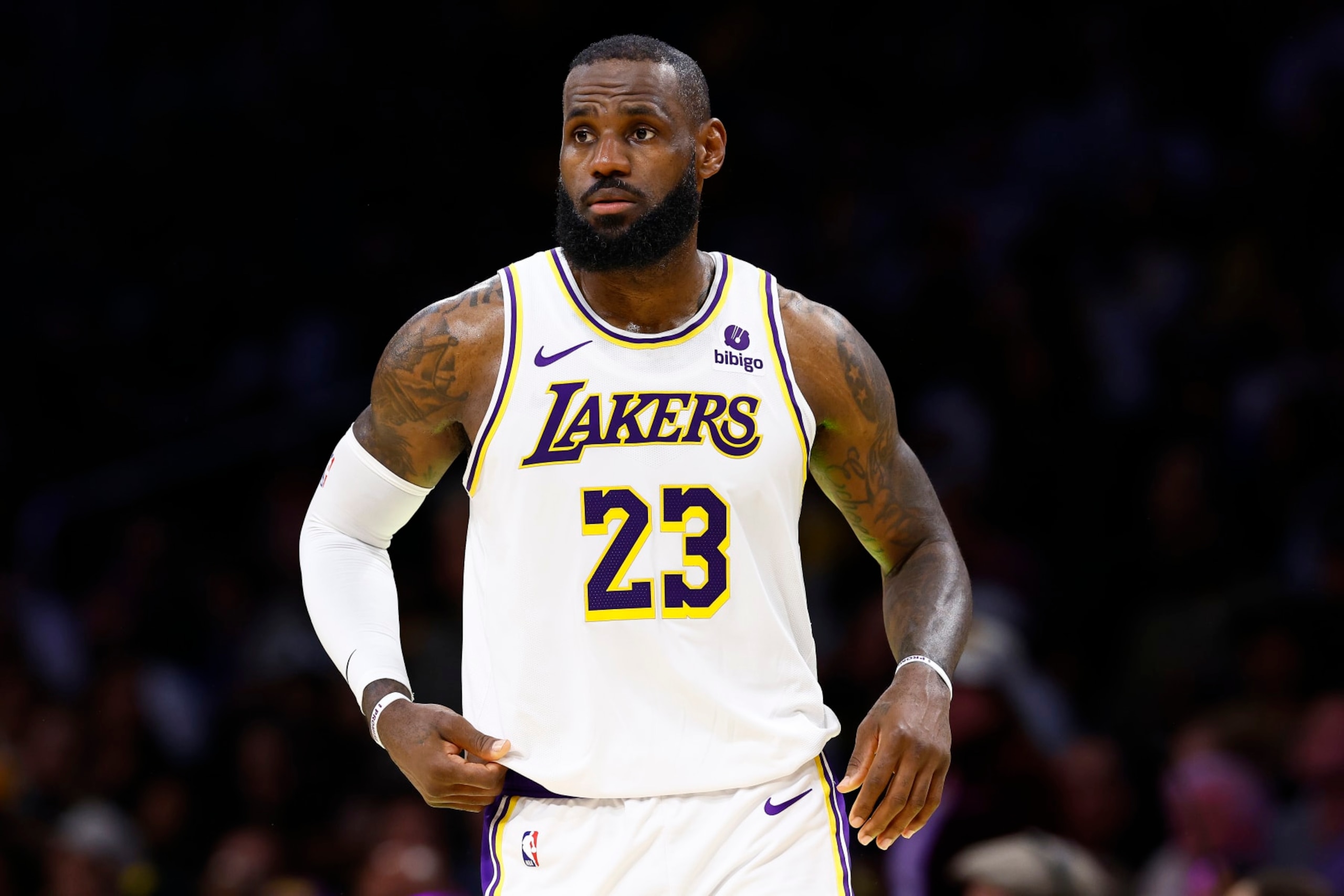 LOS ANGELES, CALIFORNIA - APRIL 27:  LeBron James #23 of the Los Angeles Lakers during game four of the Western Conference First Round Playoffs at Crypto.com Arena on April 27, 2024 in Los Angeles, California.  NOTE TO USER: User expressly acknowledges and agrees that, by downloading and/or using this photograph, user is consenting to the terms and conditions of the Getty Images License Agreement.  (Photo by Ronald Martinez/Getty Images)