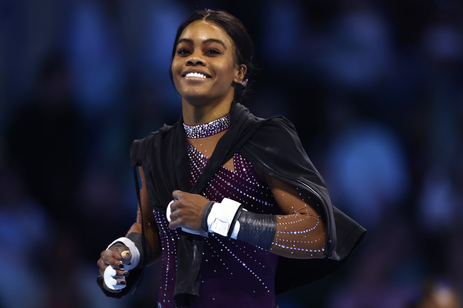 HARTFORD, CONNECTICUT - MAY 18: Gabby Douglas looks on prior to the 2024 Core Hydration Classic at XL Center on May 18, 2024 in Hartford, Connecticut. (Photo by Tim Nwachukwu/Getty Images)