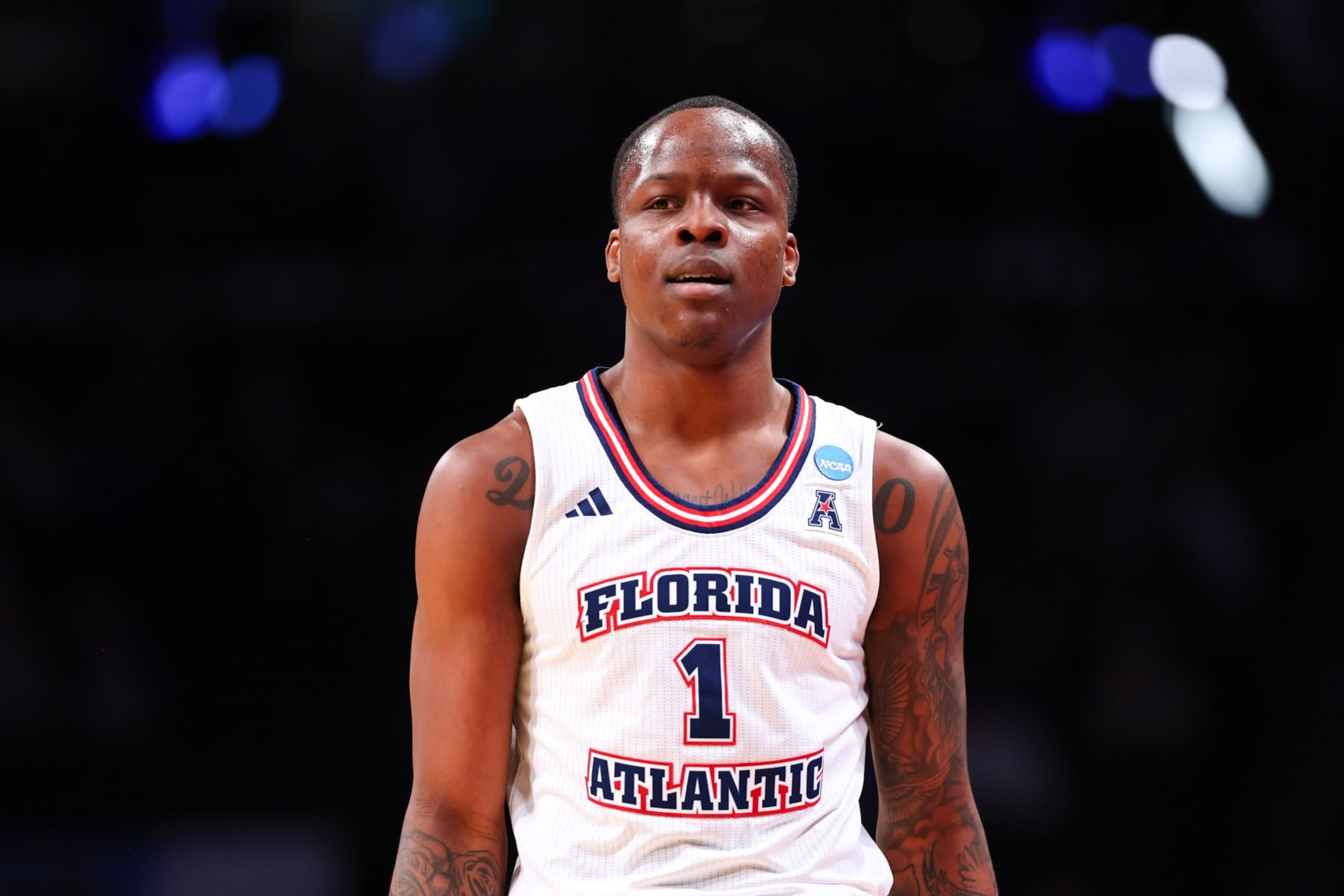 NEW YORK, NEW YORK - MARCH 22: Johnell Davis #1 of the Florida Atlantic Owls looks on during the first half of the game against the Northwestern Wildcats during the first round of the NCAA Men’s Basketball Tournament at Barclays Center on March 22, 2024 in New York City. (Photo by Jamie Schwaberow/NCAA Photos via Getty Images)