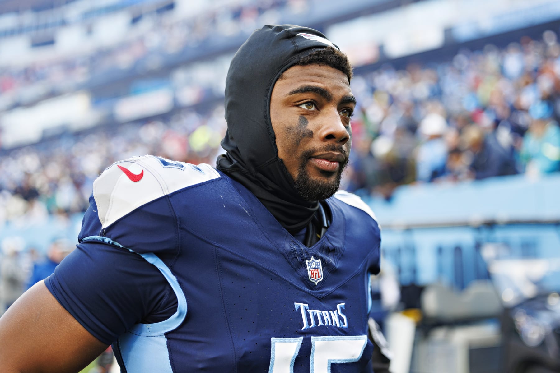 NASHVILLE TENNESSEE - JANUARY 07: Treylon Burks #16 of the Tennessee Titans walks off the field after the game against the Jacksonville Jaguars in Nashville, Tennessee at Nissan Stadium on January 7, 2024 in Houston, Texas. The Titans defeated the Jaguars 28-20.  (Photo by Wesley Hitt/Getty Images)