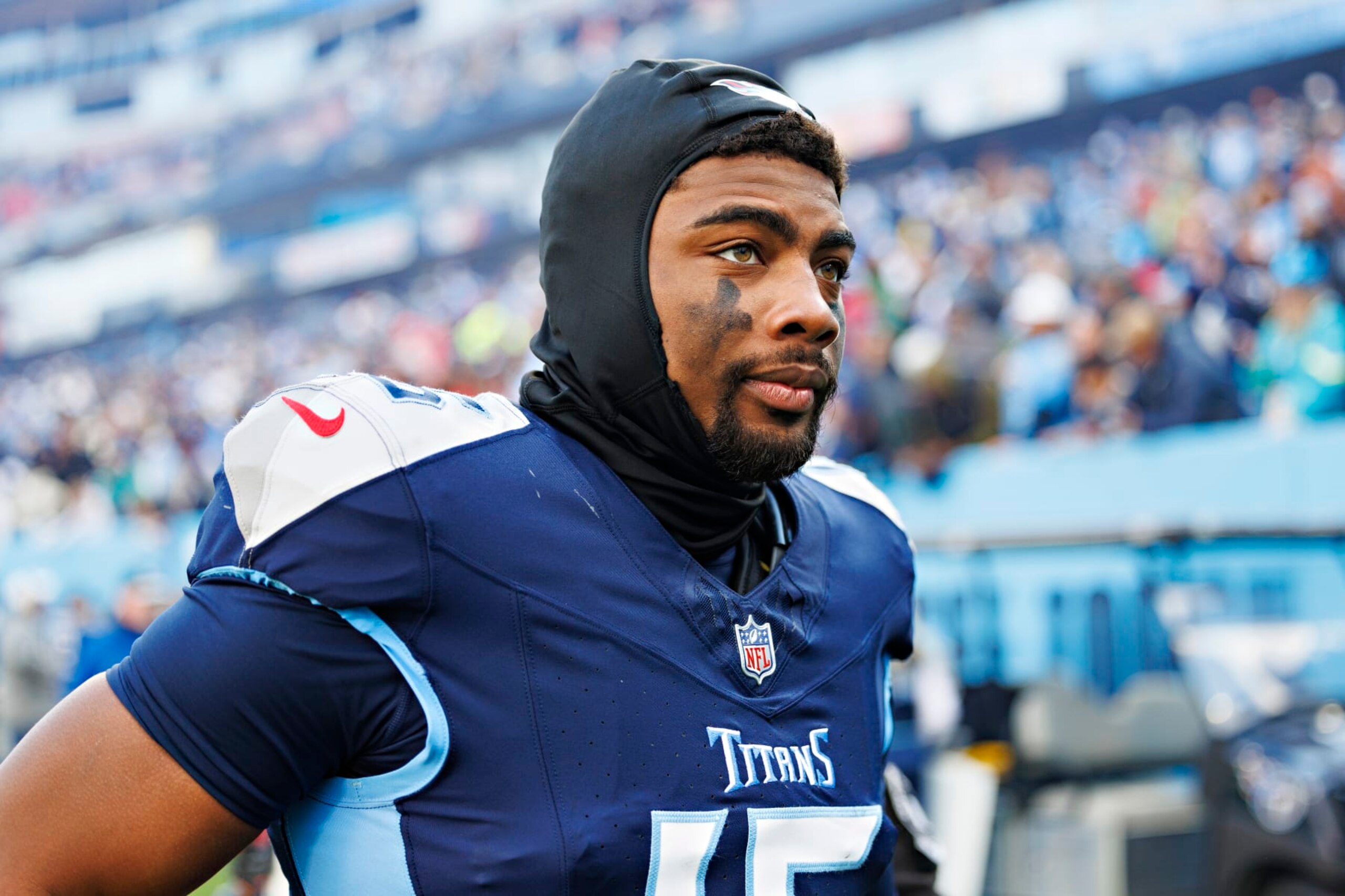 NASHVILLE TENNESSEE - JANUARY 07: Treylon Burks #16 of the Tennessee Titans walks off the field after the game against the Jacksonville Jaguars in Nashville, Tennessee at Nissan Stadium on January 7, 2024 in Houston, Texas. The Titans defeated the Jaguars 28-20.  (Photo by Wesley Hitt/Getty Images)