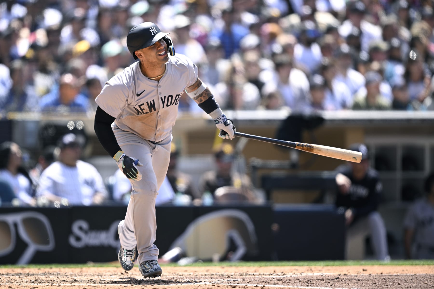 SAN DIEGO, CALIFORNIA - MAY 26: Gleyber Torres #25 of the New York Yankees bats against the San Diego Padres during the fifth inning at Petco Park on May 26, 2024 in San Diego, California. (Photo by Orlando Ramirez/Getty Images)