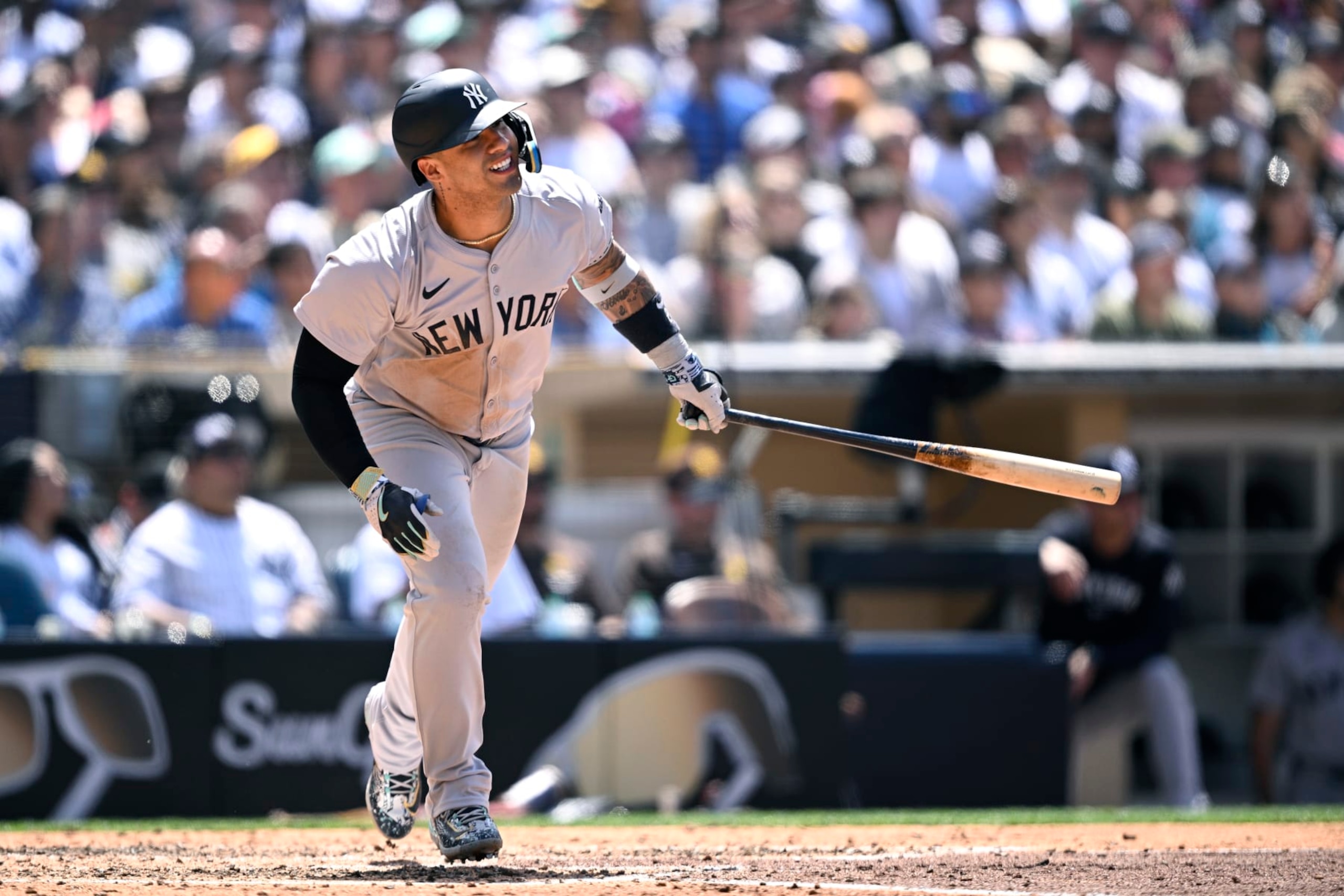 SAN DIEGO, CALIFORNIA - MAY 26: Gleyber Torres #25 of the New York Yankees bats against the San Diego Padres during the fifth inning at Petco Park on May 26, 2024 in San Diego, California. (Photo by Orlando Ramirez/Getty Images)