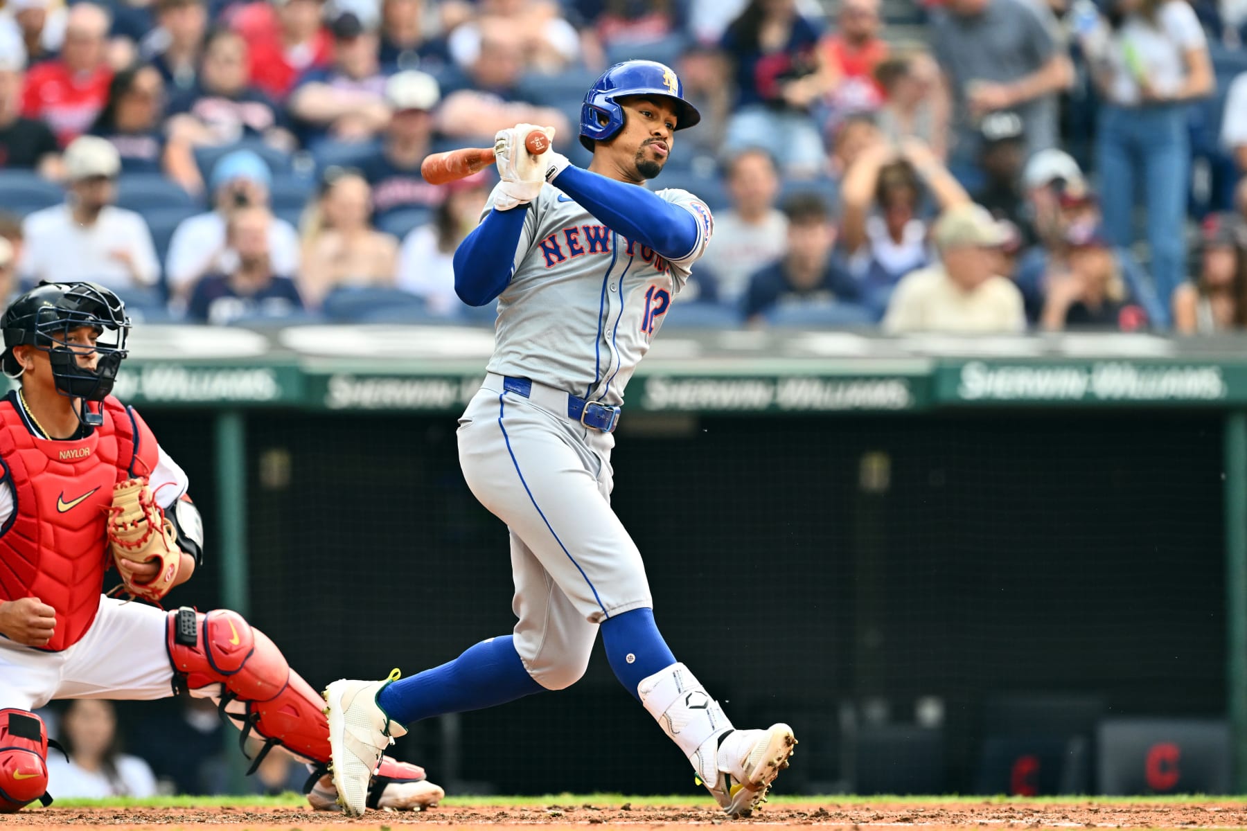 CLEVELAND, OHIO - MAY 20: Francisco Lindor #12 of the New York Mets runs out a ground ball to end the top of the third inning against the Cleveland Guardians at Progressive Field on May 20, 2024 in Cleveland, Ohio. (Photo by Jason Miller/Getty Images)