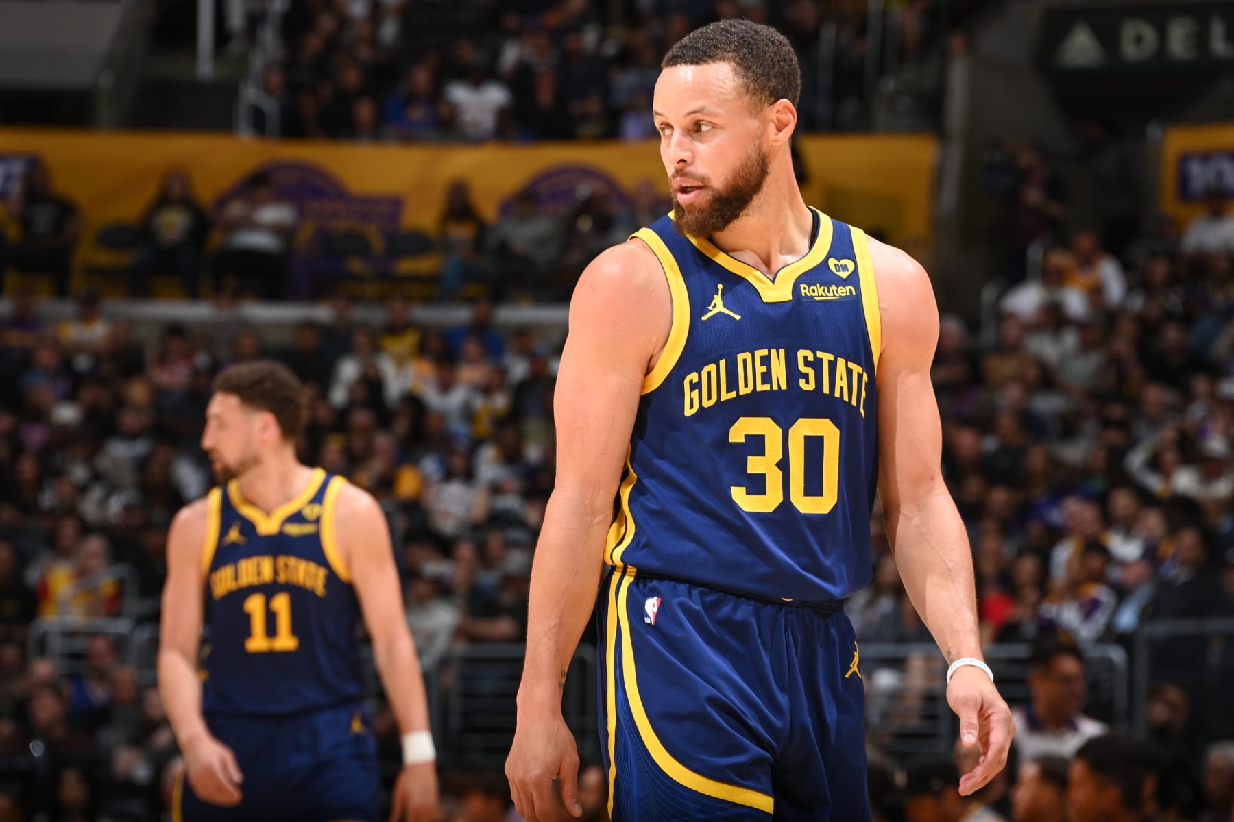 LOS ANGELES, CA - MARCH 16: Stephen Curry #30 of the Golden State Warriors looks on during the game on March 16, 2024 at Crypto.Com Arena in Los Angeles, California. NOTE TO USER: User expressly acknowledges and agrees that, by downloading and/or using this Photograph, user is consenting to the terms and conditions of the Getty Images License Agreement. Mandatory Copyright Notice: Copyright 2024 NBAE (Photo by Andrew D. Bernstein/NBAE via Getty Images)