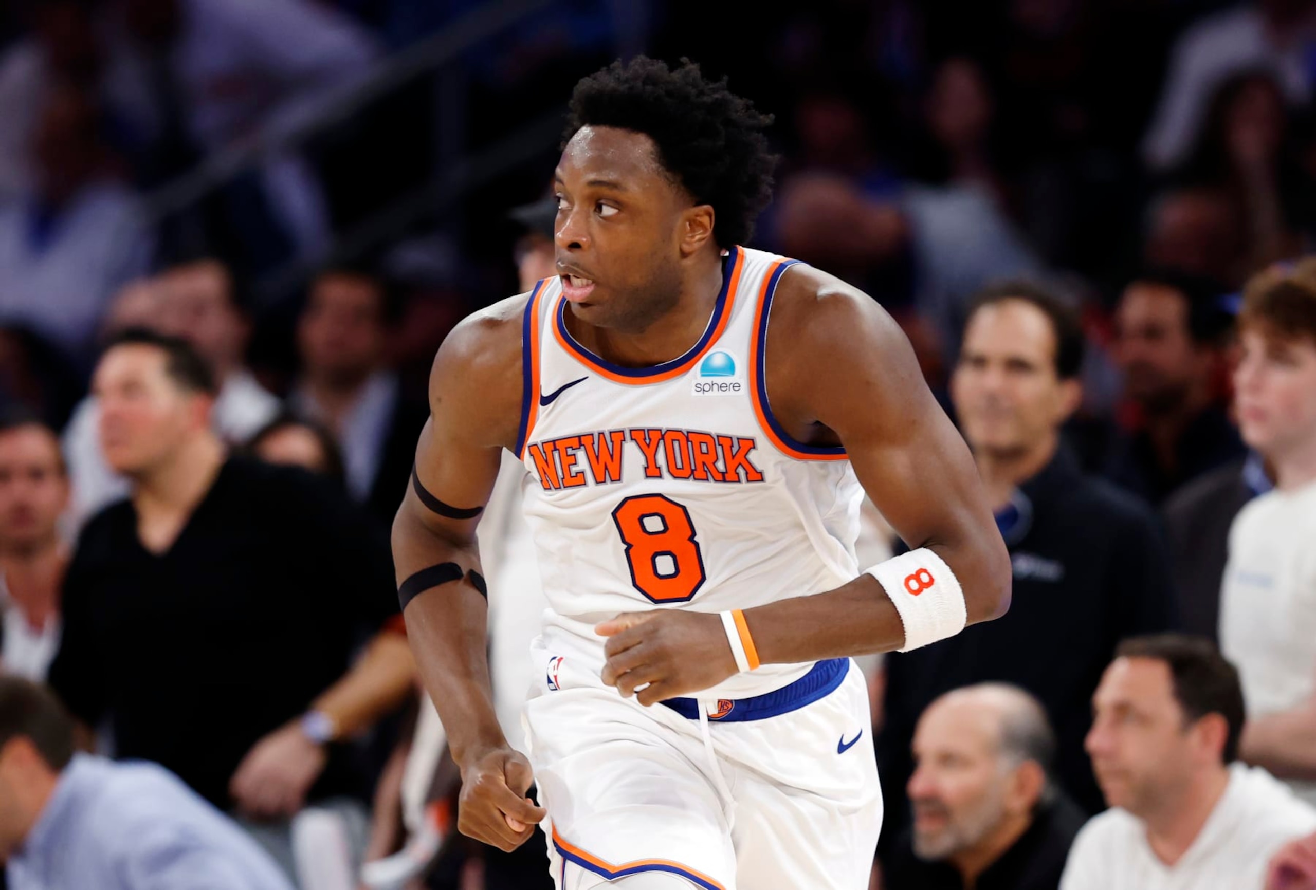 NEW YORK, NEW YORK - MAY 06: OG Anunoby #8 of the New York Knicks in action against the Indiana Pacers during Game One of the Eastern Conference Second Round Playoffs at Madison Square Garden on May 06, 2024 in New York City. NOTE TO USER: User expressly acknowledges and agrees that, by downloading and or using this photograph, User is consenting to the terms and conditions of the Getty Images License Agreement.  (Photo by Sarah Stier/Getty Images)