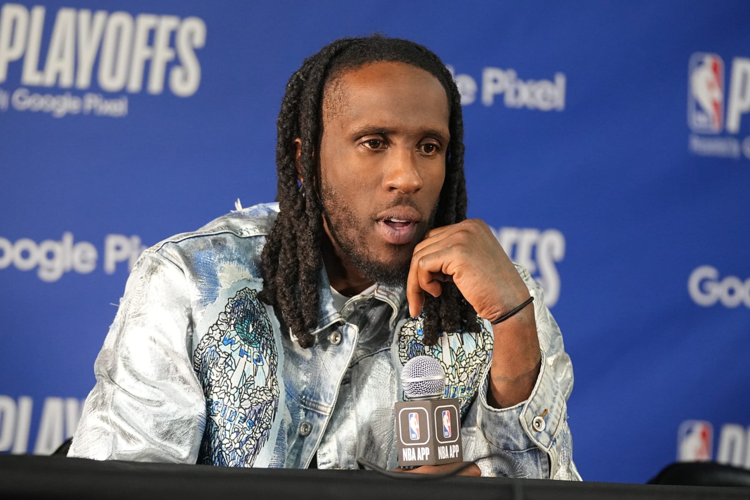 DENVER, CO - APRIL 29: Taurean Prince #12 of the Los Angeles Lakers speaks at a press conference after the game against the Denver Nuggets during Round One Game Five of the 2024 NBA Playoffs on April 29, 2024 at the Ball Arena in Denver, Colorado. NOTE TO USER: User expressly acknowledges and agrees that, by downloading and/or using this Photograph, user is consenting to the terms and conditions of the Getty Images License Agreement. Mandatory Copyright Notice: Copyright 2024 NBAE (Photo by Bart Young/NBAE via Getty Images)