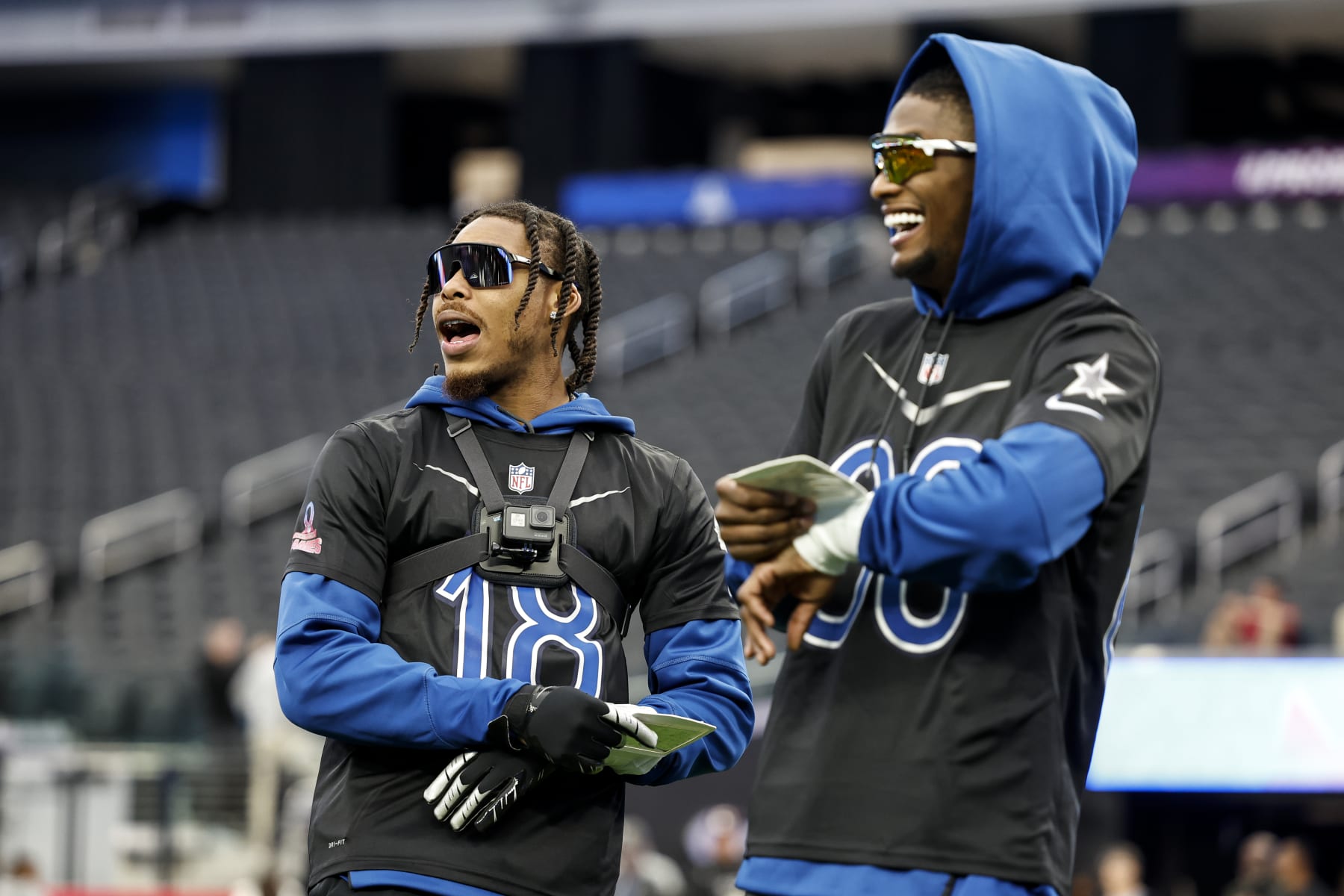LAS VEGAS, NEVADA - FEBRUARY 04: NFC wide receiver Justin Jefferson #18 of the Minnesota Vikings and NFC wide receiver CeeDee Lamb #88 of the Dallas Cowboys react during a practice session prior to an NFL Pro Bowl football game at Allegiant Stadium on February 04, 2023 in Las Vegas, Nevada. (Photo by Michael Owens/Getty Images) LAS VEGAS, NEVADA - FEBRUARY 04: NFC wide receiver Justin Jefferson #18 of the Minnesota Vikings and NFC wide receiver CeeDee Lamb #88 of the Dallas Cowboys react during a practice session prior to an NFL Pro Bowl football game at Allegiant Stadium on February 04, 2023 in Las Vegas, Nevada. (Photo by Michael Owens/Getty Images)