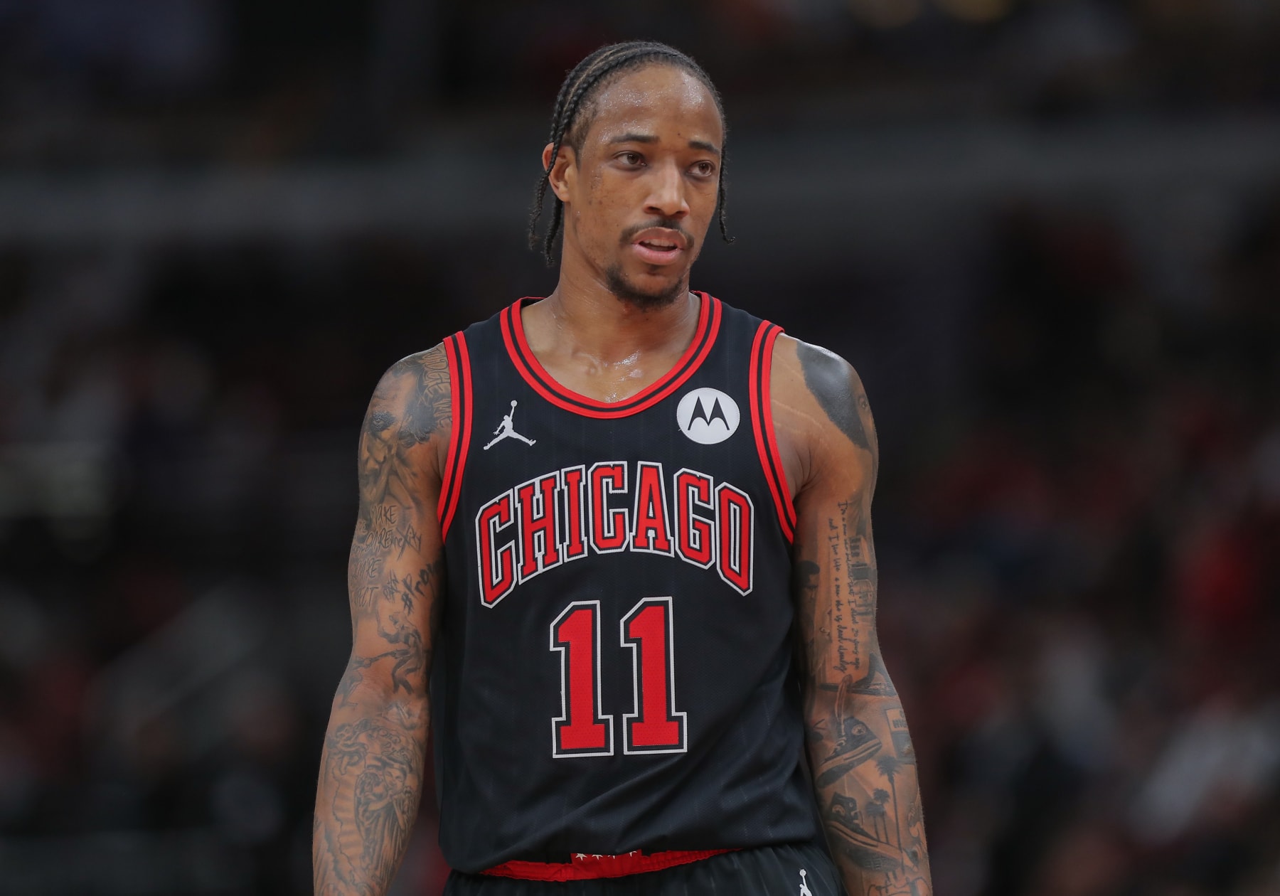 CHICAGO, IL - APRIL 17: DeMar DeRozan #11 of the Chicago Bulls looks on during the second half of the 2024 Play-In Tournament against the Atlanta Hawks at the United Center on April 17, 2024 in Chicago, Illinois. (Photo by Melissa Tamez/Icon Sportswire via Getty Images)