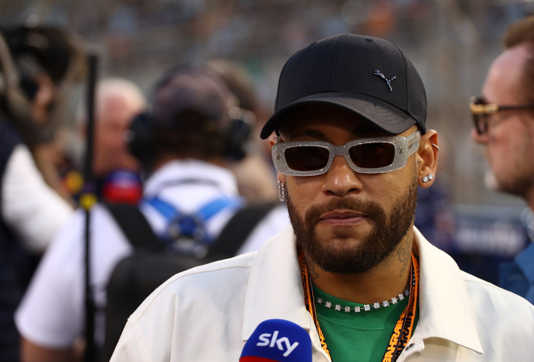BAHRAIN, BAHRAIN - MARCH 02: Neymar Jr looks on from the grid prior to the F1 Grand Prix of Bahrain at Bahrain International Circuit on March 02, 2024 in Bahrain, Bahrain. (Photo by Peter Fox - Formula 1/Formula 1 via Getty Images)