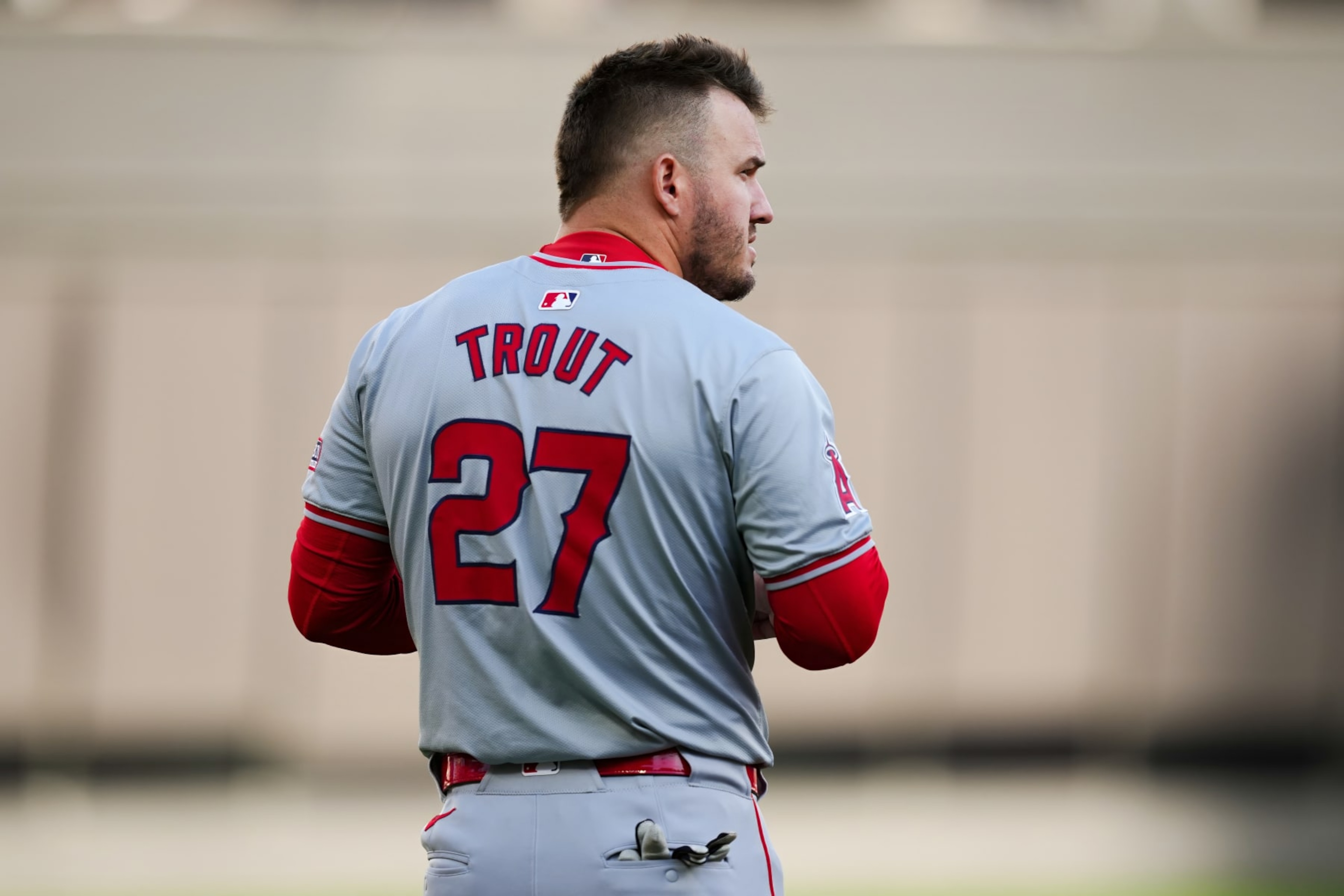 CINCINNATI, OHIO - APRIL 20: Mike Trout #27 of the Los Angeles Angels stands for the singing of the national anthem before the game against the Cincinnati Reds at Great American Ball Park on April 20, 2024 in Cincinnati, Ohio. (Photo by Dylan Buell/Getty Images) CINCINNATI, OHIO - APRIL 20: Mike Trout #27 of the Los Angeles Angels stands for the singing of the national anthem before the game against the Cincinnati Reds at Great American Ball Park on April 20, 2024 in Cincinnati, Ohio. (Photo by Dylan Buell/Getty Images)