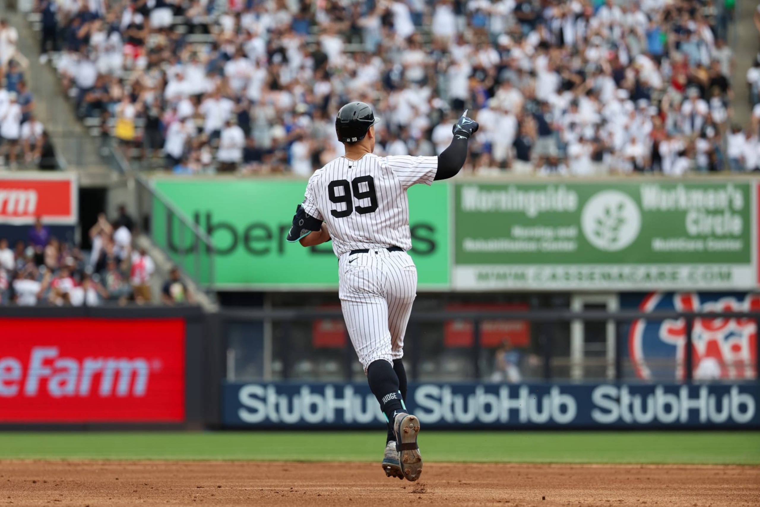NEW YORK, NY - MAY 23: Aaron Judge #99 of the New York Yankees celebrates after hitting a home run during the third inning against the Seattle Mariners at Yankee Stadium on May 23, 2024, in New York, New York. (Photo by New York Yankees/Getty Images)