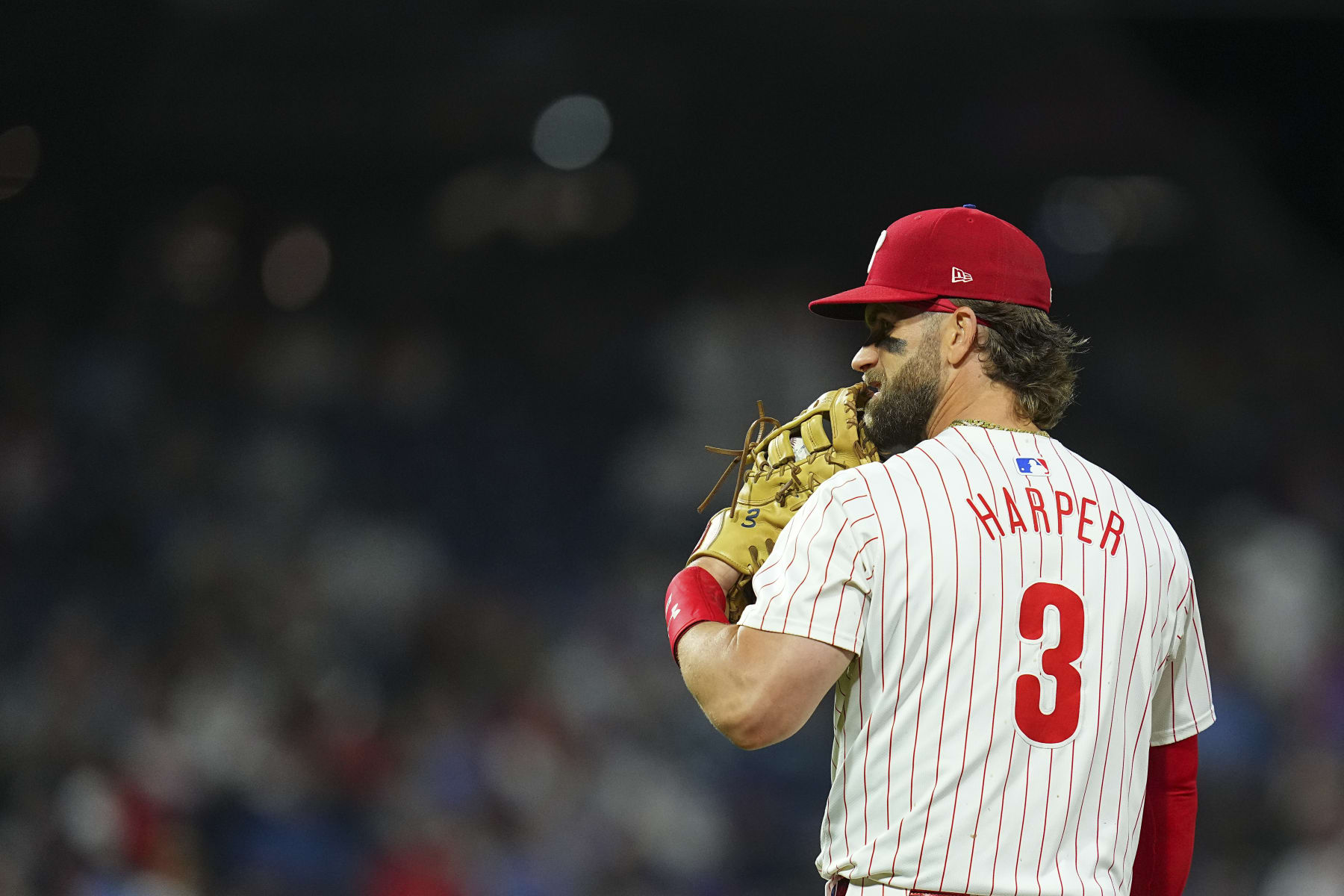 PHILADELPHIA, PENNSYLVANIA - MAY 15: Bryce Harper #3 of the Philadelphia Phillies looks on against the New York Mets at Citizens Bank Park on May 15, 2024 in Philadelphia, Pennsylvania. (Photo by Mitchell Leff/Getty Images)