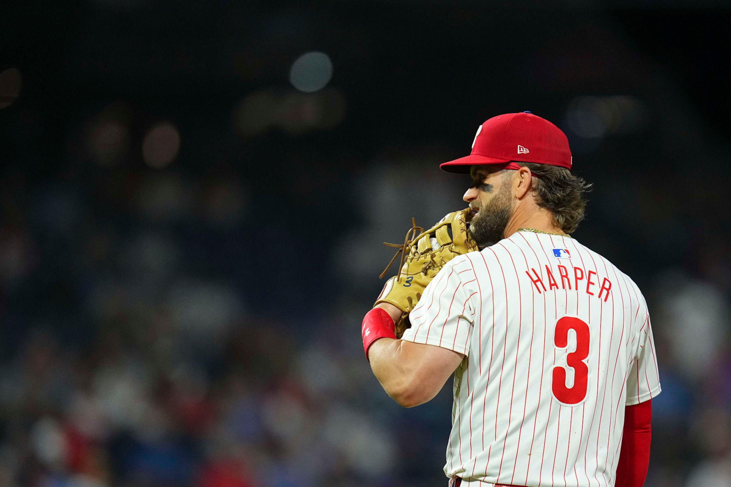 PHILADELPHIA, PENNSYLVANIA - MAY 15: Bryce Harper #3 of the Philadelphia Phillies looks on against the New York Mets at Citizens Bank Park on May 15, 2024 in Philadelphia, Pennsylvania. (Photo by Mitchell Leff/Getty Images)