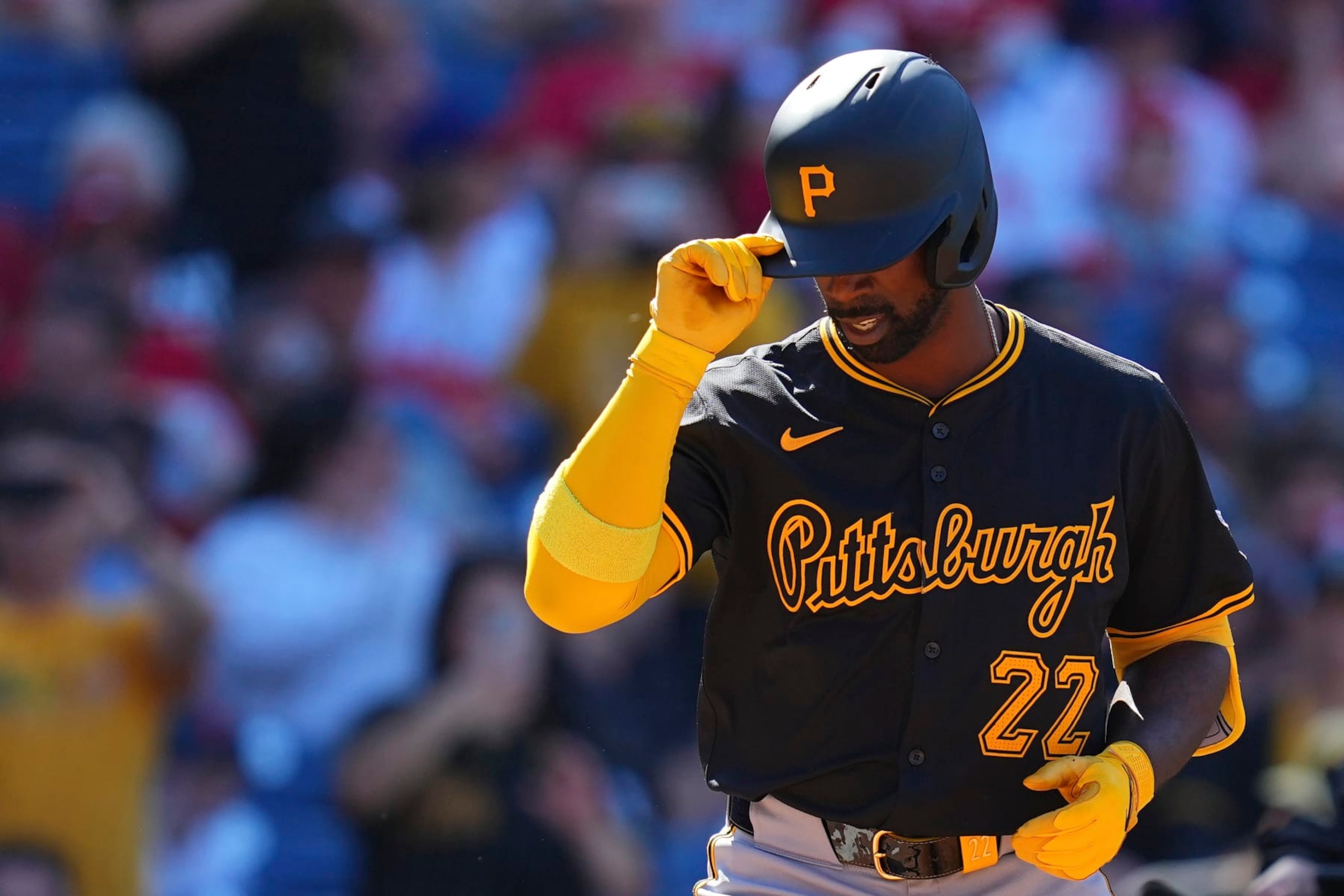 PHILADELPHIA, PENNSYLVANIA - APRIL 14: Andrew McCutchen #22 of the Pittsburgh Pirates reacts after hitting his 300th career home run in the top of the ninth inning against the Philadelphia Phillies at Citizens Bank Park on April 14, 2024 in Philadelphia, Pennsylvania. (Photo by Mitchell Leff/Getty Images)