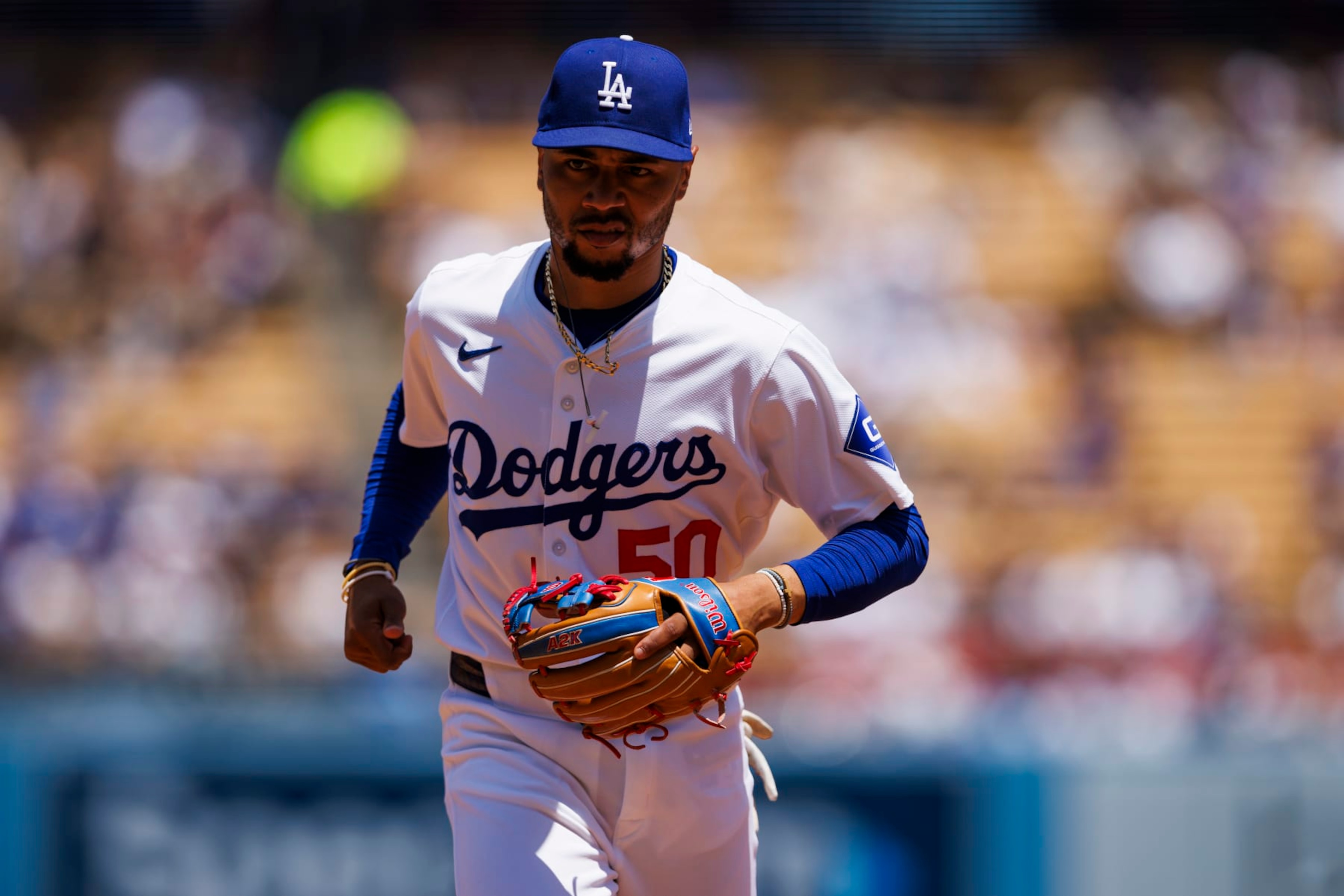 LOS ANGELES, CA - MAY 08: Los Angeles Dodgers shortstop Mookie Betts (50) during the Los Angeles Dodgers gave versus the Miami Marlins on May 8, 2024, at Dodger Stadium in Los Angeles, CA. (Photo by Ric Tapia/Icon Sportswire via Getty Images) LOS ANGELES, CA - MAY 08: Los Angeles Dodgers shortstop Mookie Betts (50) during the Los Angeles Dodgers gave versus the Miami Marlins on May 8, 2024, at Dodger Stadium in Los Angeles, CA. (Photo by Ric Tapia/Icon Sportswire via Getty Images)