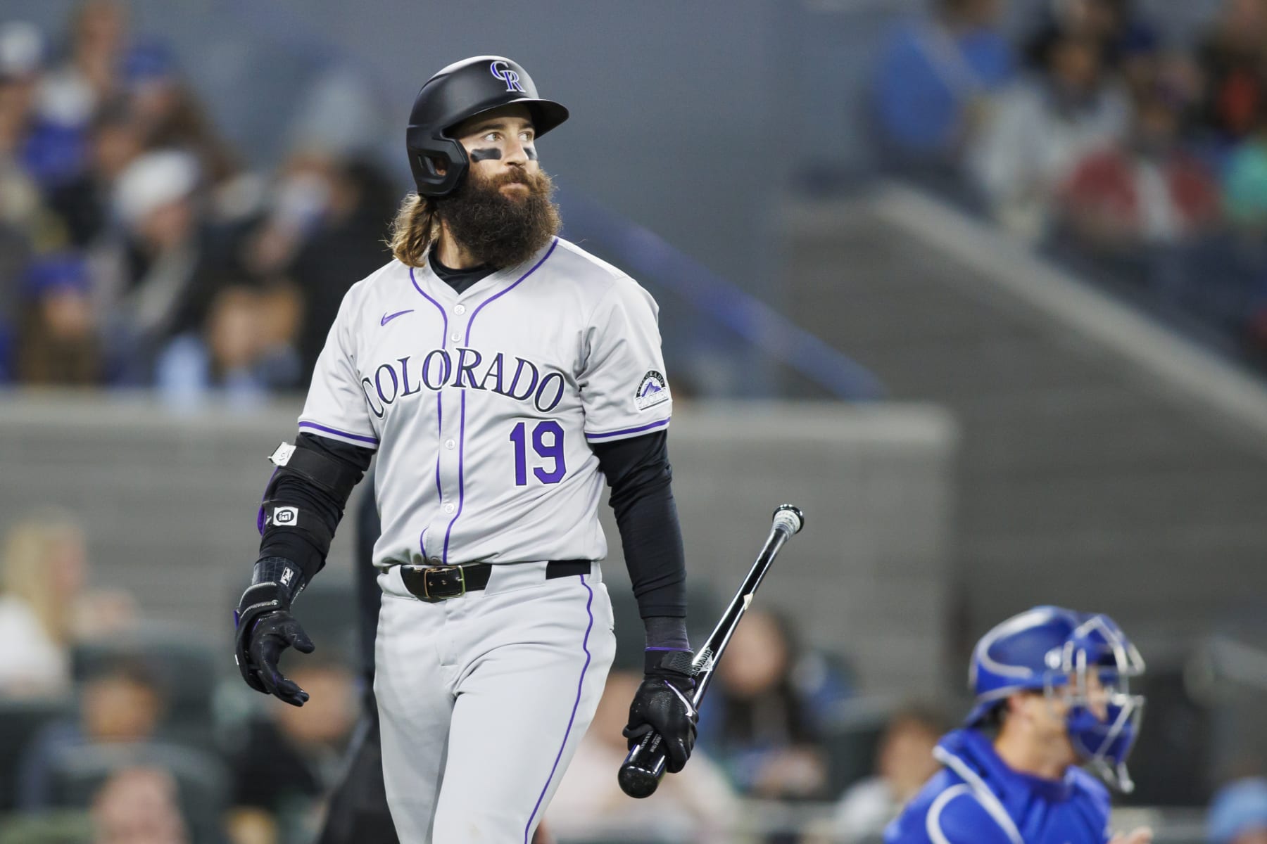 TORONTO, CANADA - APRIL 13: Charlie Blackmon #19 of the Colorado Rockies walks to the dugout after his at bat during their MLB game against the Toronto Blue Jays at Rogers Centre on April 13, 2024 in Toronto, Canada. (Photo by Cole Burston/Getty Images)