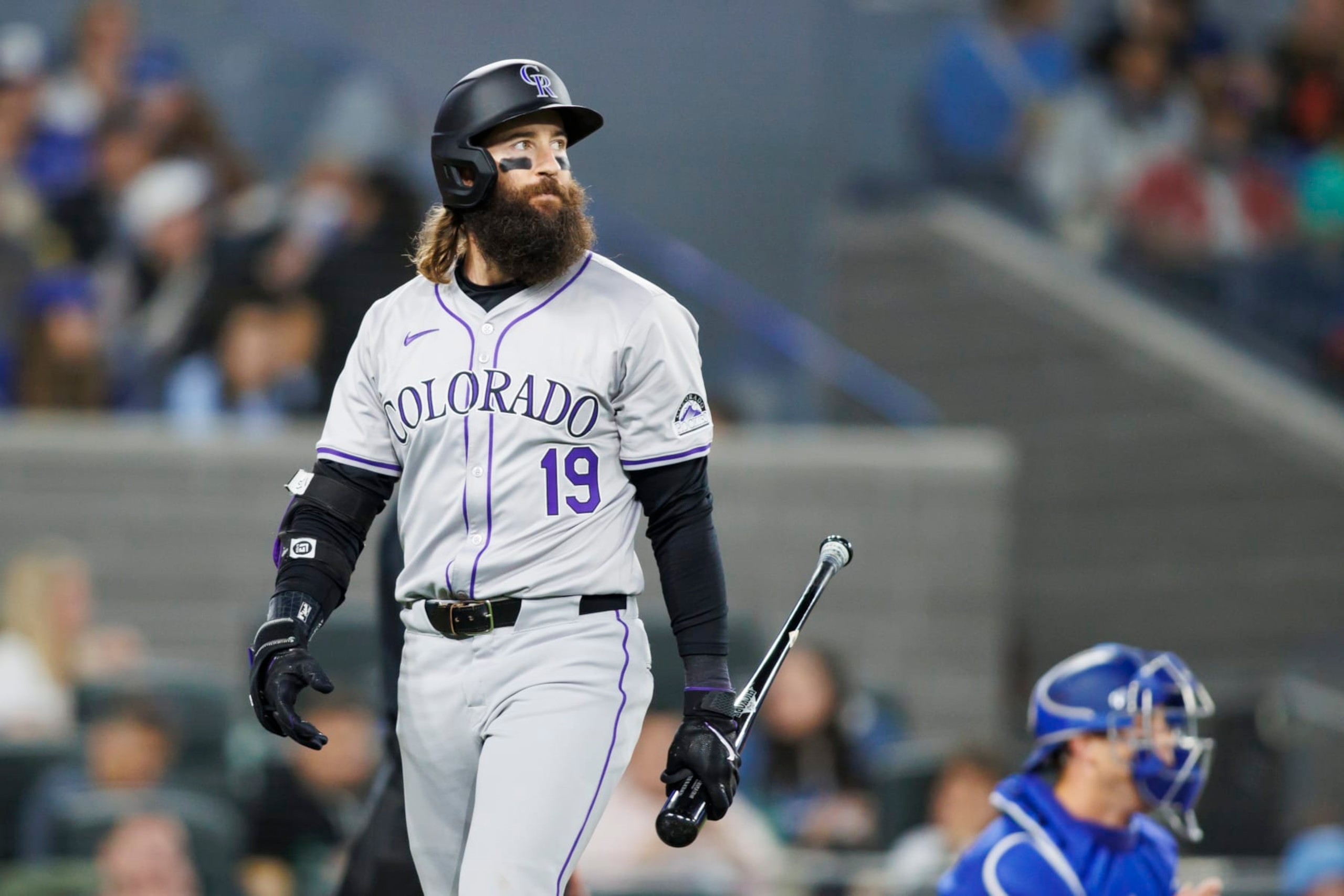 TORONTO, CANADA - APRIL 13: Charlie Blackmon #19 of the Colorado Rockies walks to the dugout after his at bat during their MLB game against the Toronto Blue Jays at Rogers Centre on April 13, 2024 in Toronto, Canada. (Photo by Cole Burston/Getty Images)