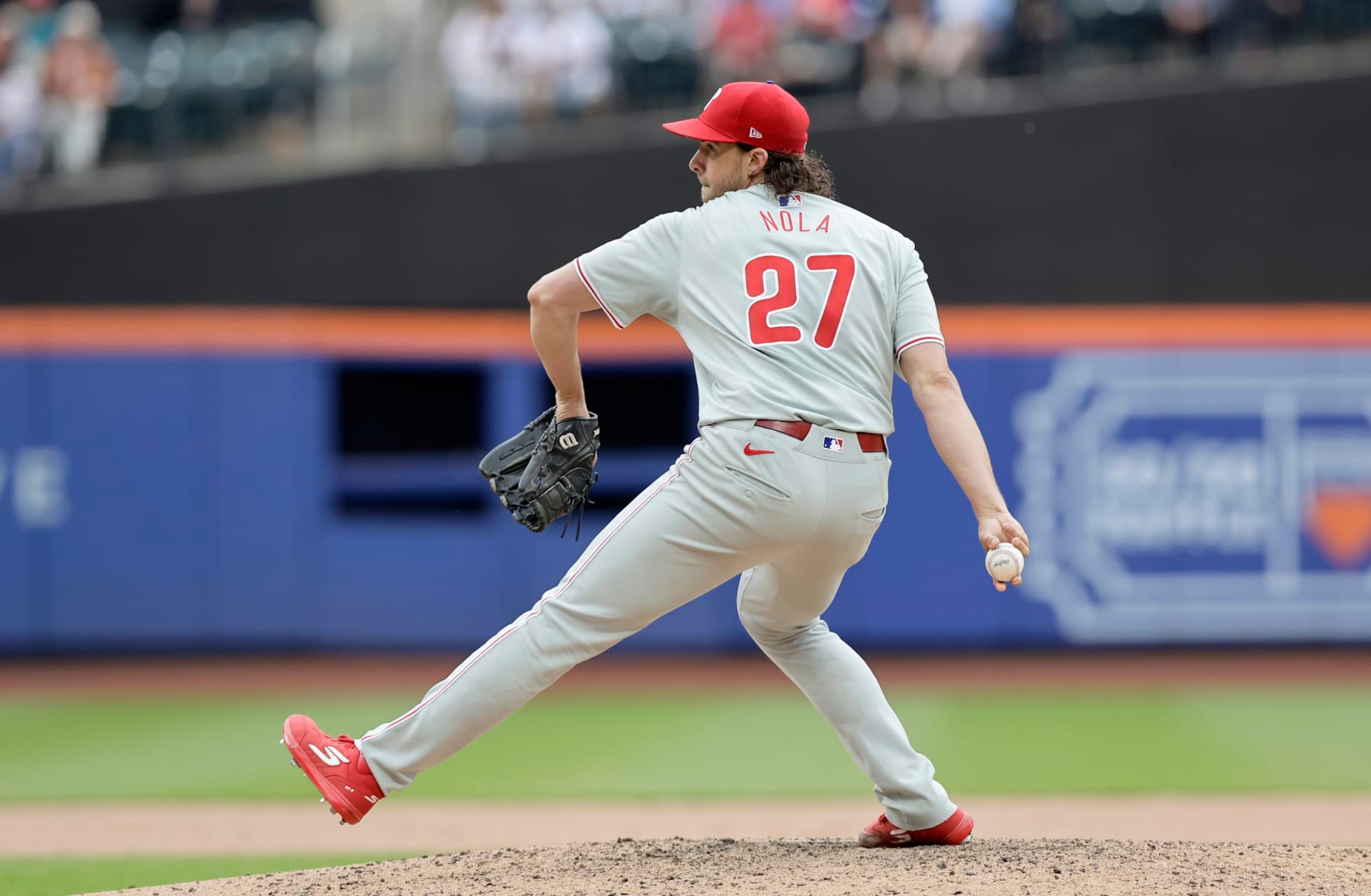 NEW YORK, NEW YORK - MAY 14:  Aaron Nola #27 of the Philadelphia Phillies in action against the New York Mets at Citi Field on May 14, 2024 in New York City. The Phillies defeated the Mets 4-0. (Photo by Jim McIsaac/Getty Images)