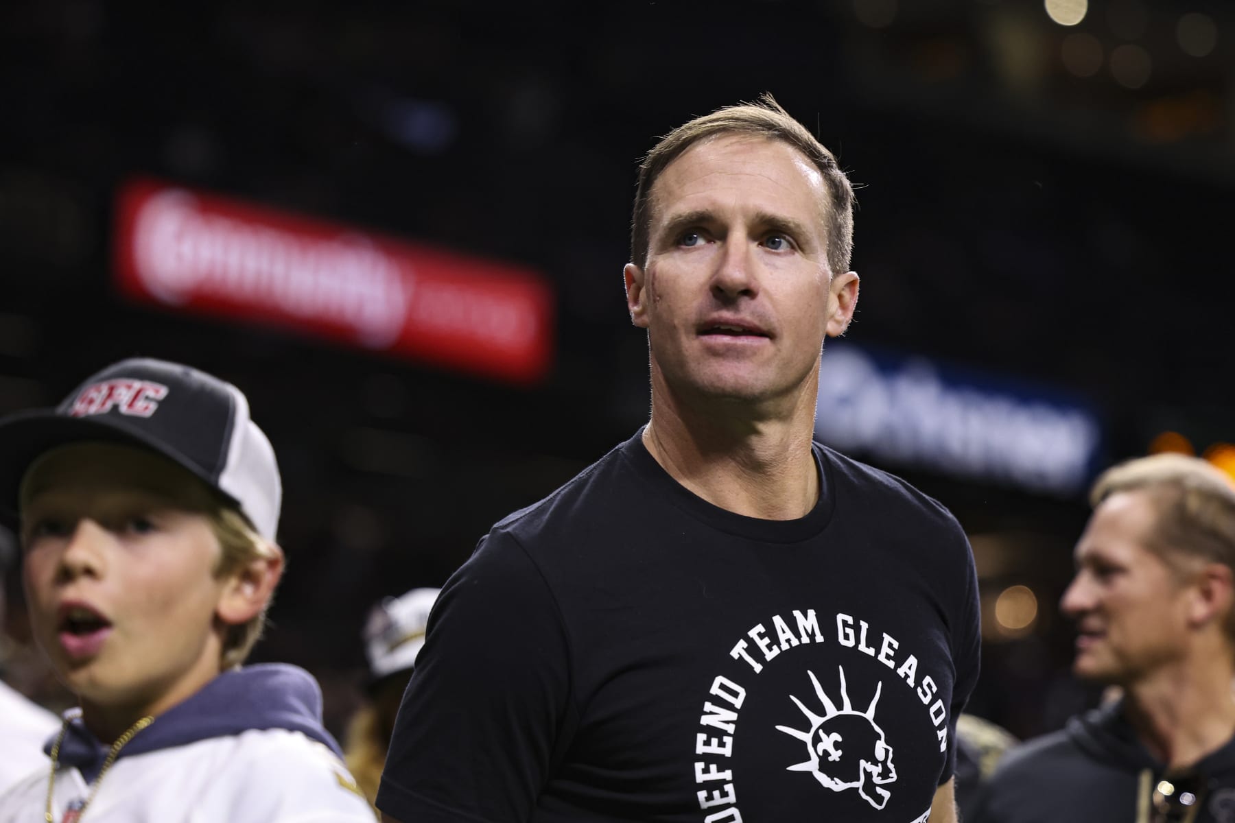 NEW ORLEANS, LA - OCTOBER 19:  Former NFL player Drew Brees looks on from the sideline prior to an NFL football game between the Jacksonville Jaguars and the New Orleans Saints at Caesars Superdome on October 19, 2023 in New Orleans, Louisiana. (Photo by Perry Knotts/Getty Images)