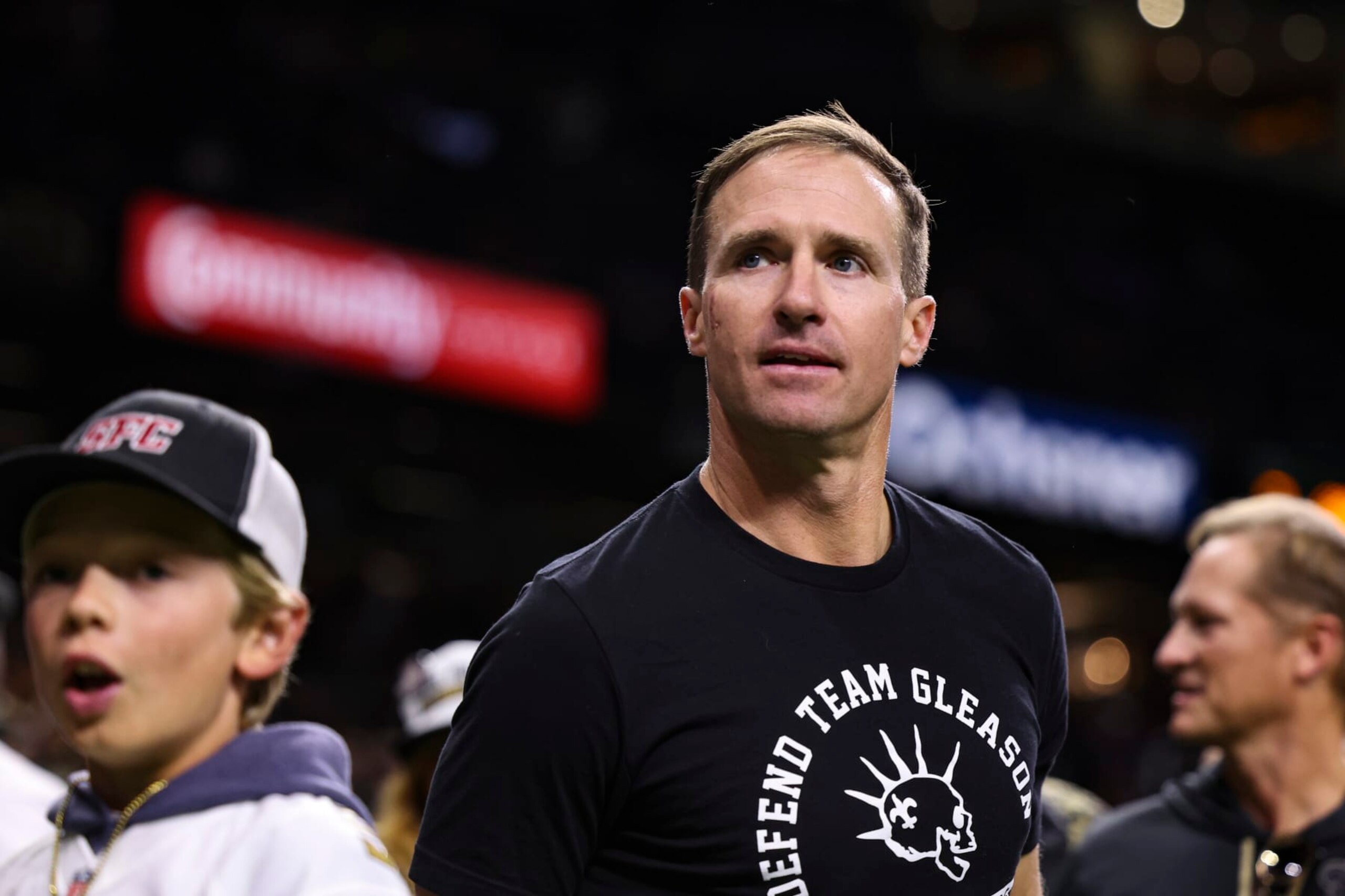 NEW ORLEANS, LA - OCTOBER 19:  Former NFL player Drew Brees looks on from the sideline prior to an NFL football game between the Jacksonville Jaguars and the New Orleans Saints at Caesars Superdome on October 19, 2023 in New Orleans, Louisiana. (Photo by Perry Knotts/Getty Images)