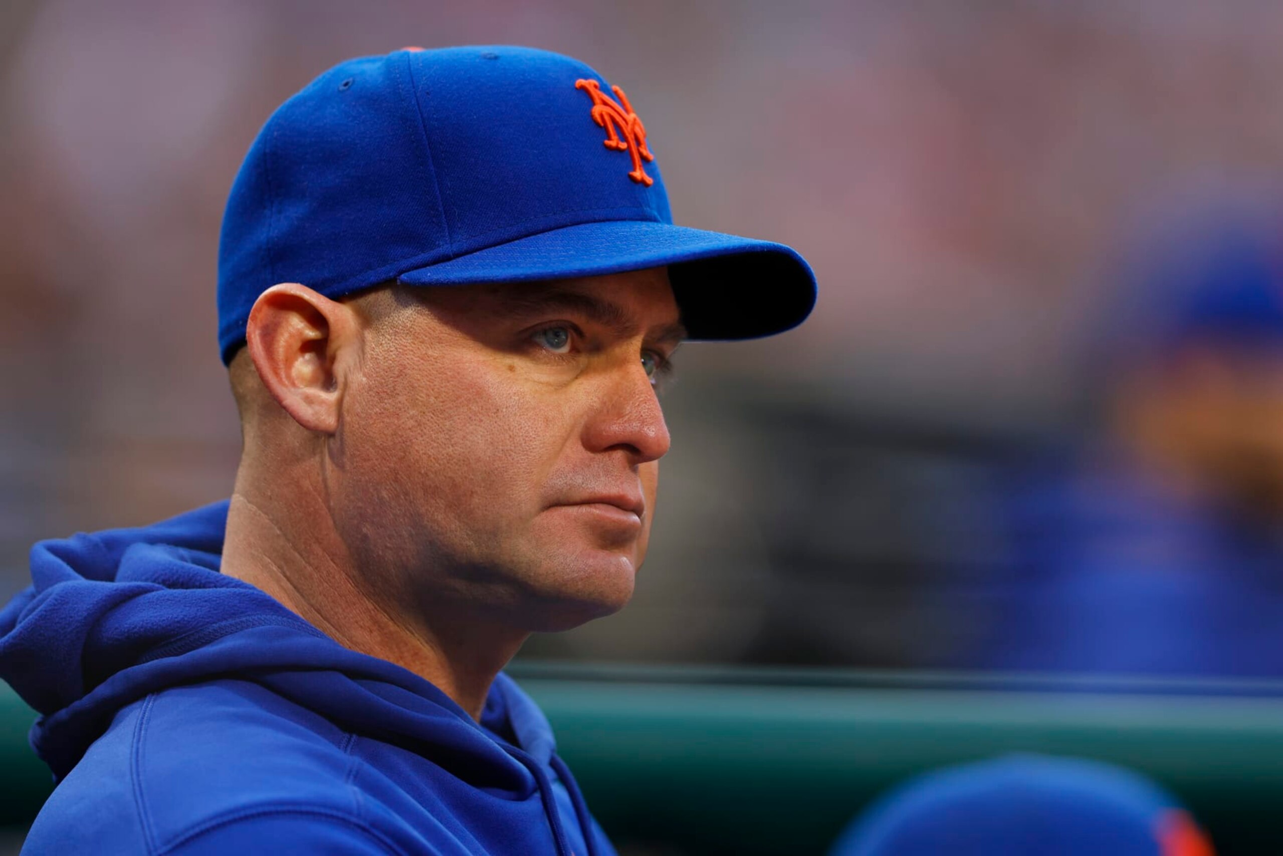 PHILADELPHIA, PENNSYLVANIA - MAY 16: Manager Carlos Mendoza #64 of the New York Mets looks on during a game against the Philadelphia Phillies at Citizens Bank Park on May 16, 2024 in Philadelphia, Pennsylvania. (Photo by Rich Schultz/Getty Images)