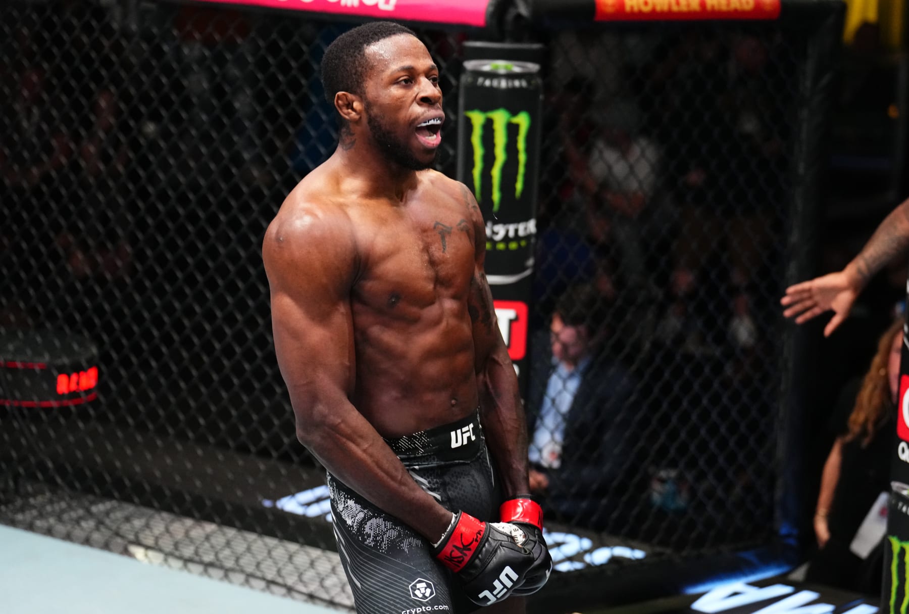 Randy Brown reacts after his knockout victory against Muslim Salikhov