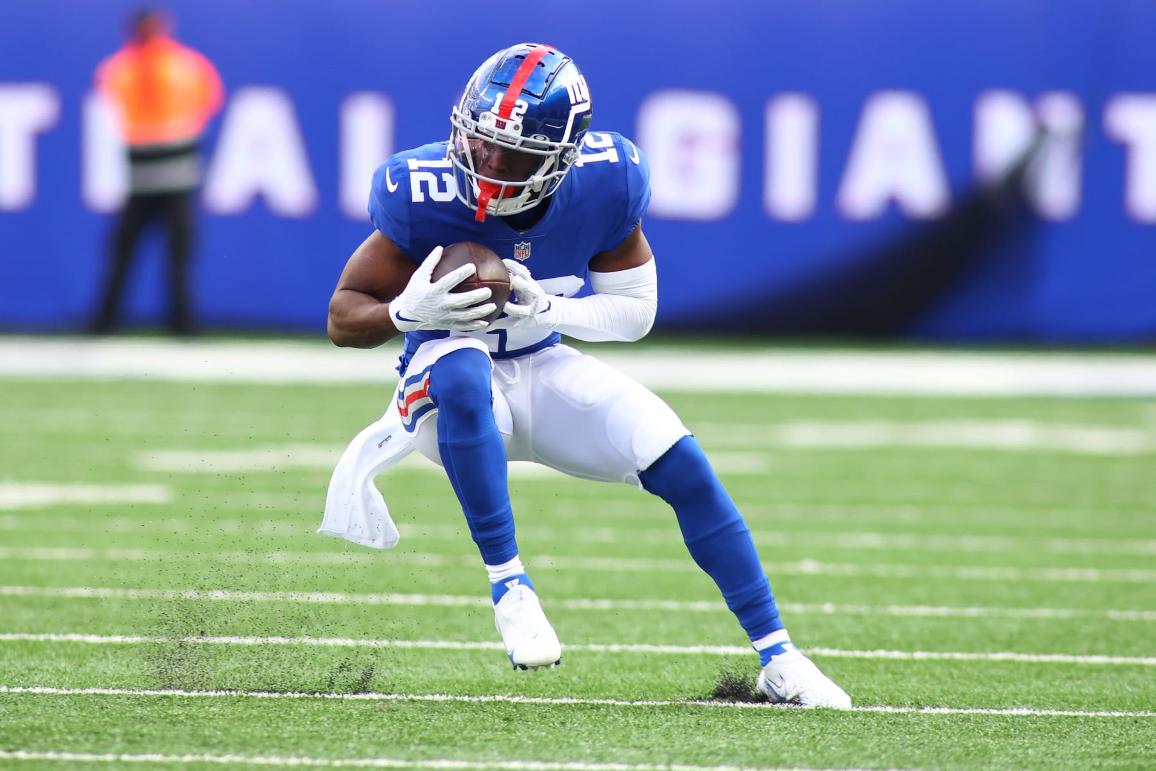 EAST RUTHERFORD, NEW JERSEY - OCTOBER 24: (NEW YORK DAILIES OUT) John Ross #12 of the New York Giants in action against the Carolina Panthers at MetLife Stadium on October 24, 2021 in East Rutherford, New Jersey. New York Giants defeated the Carolina Panthers 25-3. (Photo by Mike Stobe/Getty Images)