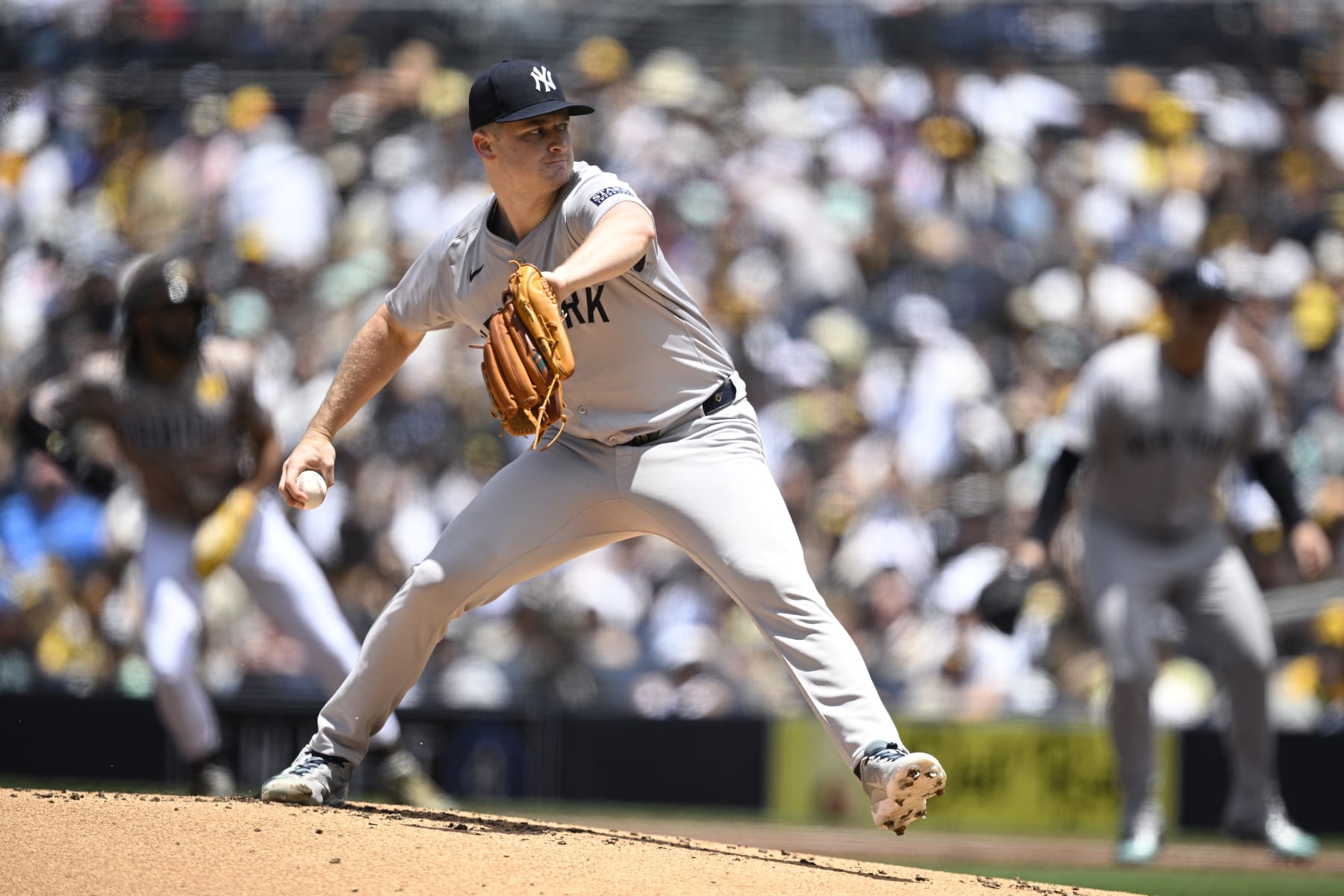 SAN DIEGO, CALIFORNIA - MAY 26: Clarke Schmidt #36 of the New York Yankees pitches against the San Diego Padres during the first inning at Petco Park on May 26, 2024 in San Diego, California. (Photo by Orlando Ramirez/Getty Images)