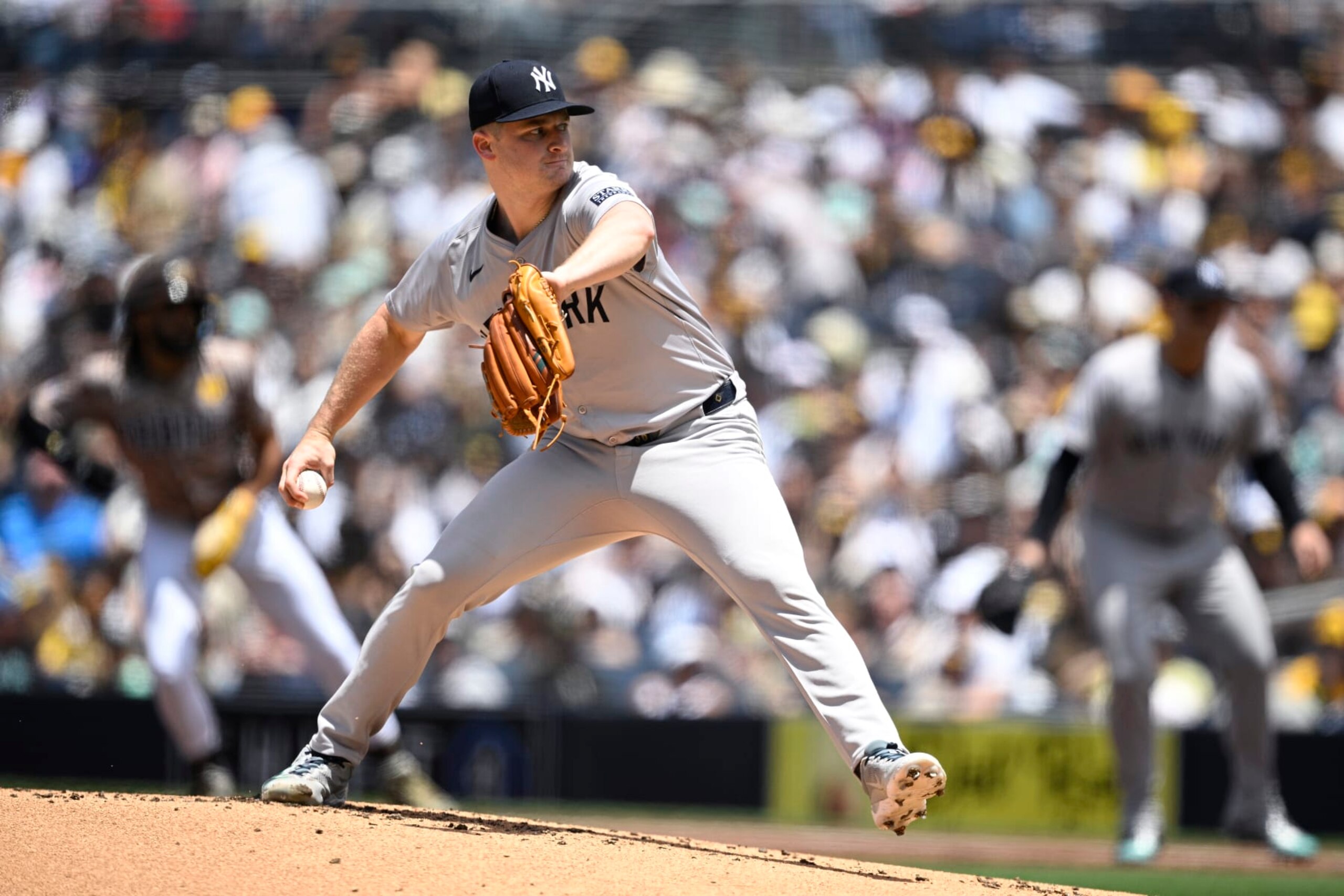 SAN DIEGO, CALIFORNIA - MAY 26: Clarke Schmidt #36 of the New York Yankees pitches against the San Diego Padres during the first inning at Petco Park on May 26, 2024 in San Diego, California. (Photo by Orlando Ramirez/Getty Images)
