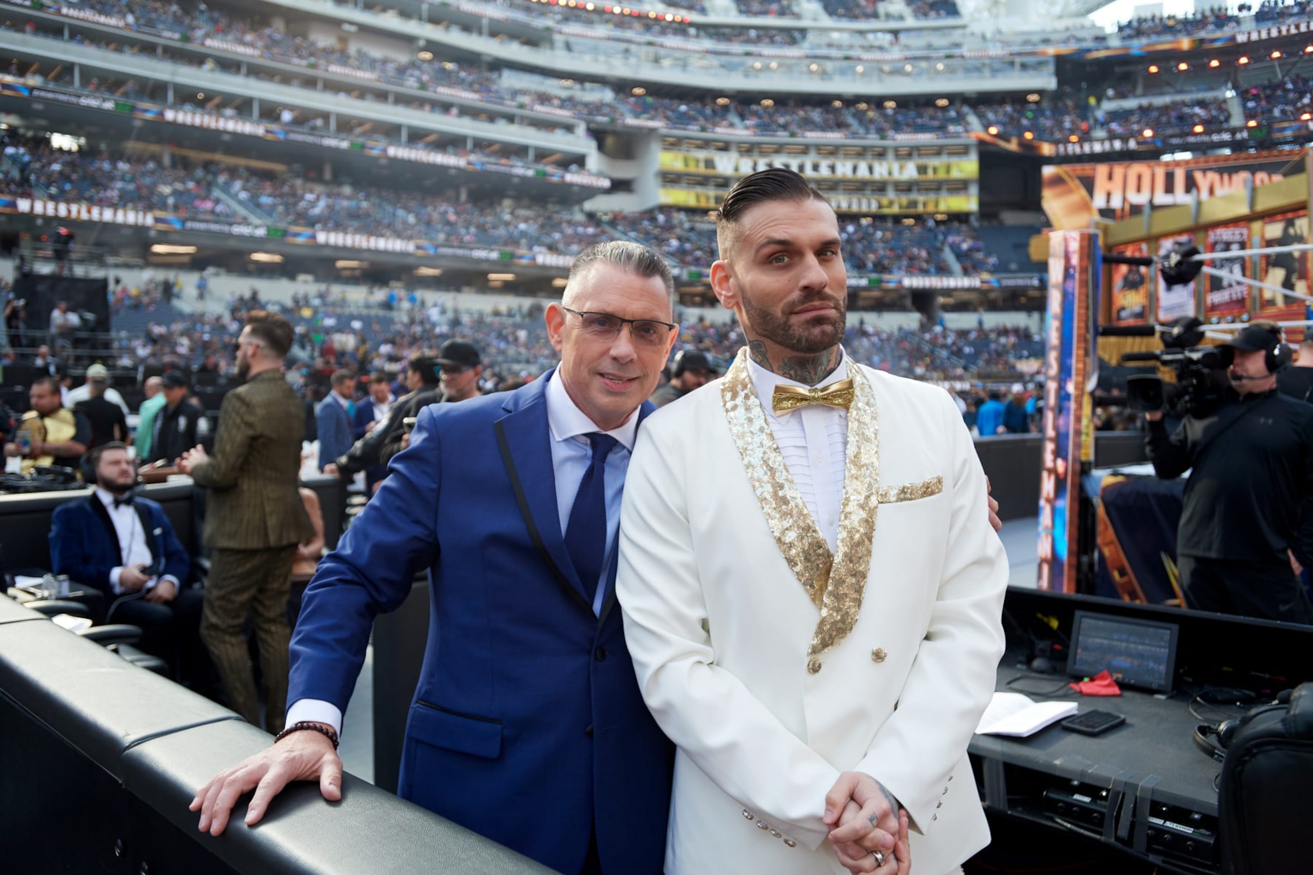 INGLEWOOD, CALIFORNIA - APRIL 02: (L-R) Michael Cole and Corey Graves during WrestleMania 39 at SoFi Stadium on April 02, 2023 in Inglewood, California. (Photo by Unique Nicole/Getty Images) INGLEWOOD, CALIFORNIA - APRIL 02: (L-R) Michael Cole and Corey Graves during WrestleMania 39 at SoFi Stadium on April 02, 2023 in Inglewood, California. (Photo by Unique Nicole/Getty Images)