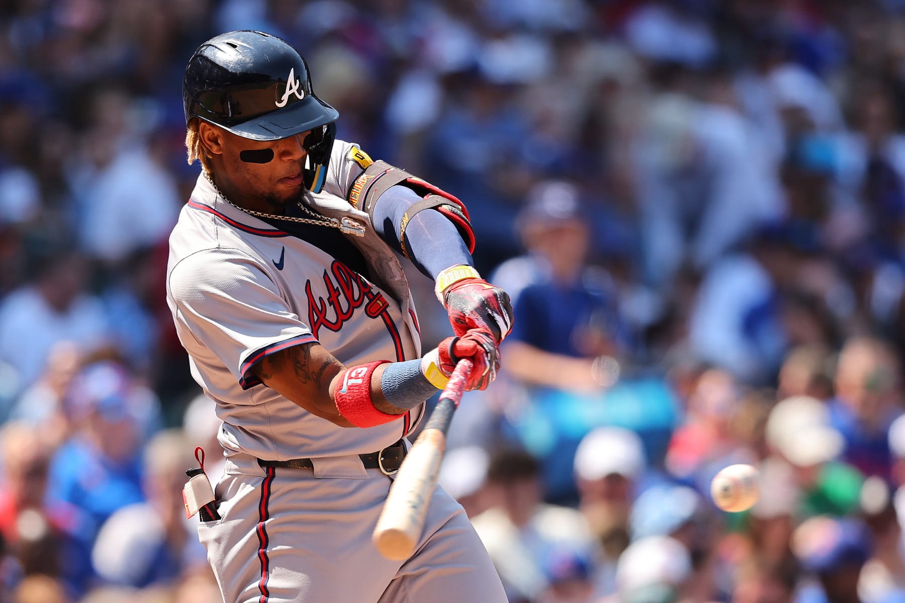 CHICAGO, ILLINOIS - MAY 23: Ronald Acuña Jr. #13 of the Atlanta Braves at bat against the Chicago Cubs at Wrigley Field on May 23, 2024 in Chicago, Illinois. (Photo by Michael Reaves/Getty Images) CHICAGO, ILLINOIS - MAY 23: Ronald Acuña Jr. #13 of the Atlanta Braves at bat against the Chicago Cubs at Wrigley Field on May 23, 2024 in Chicago, Illinois. (Photo by Michael Reaves/Getty Images)