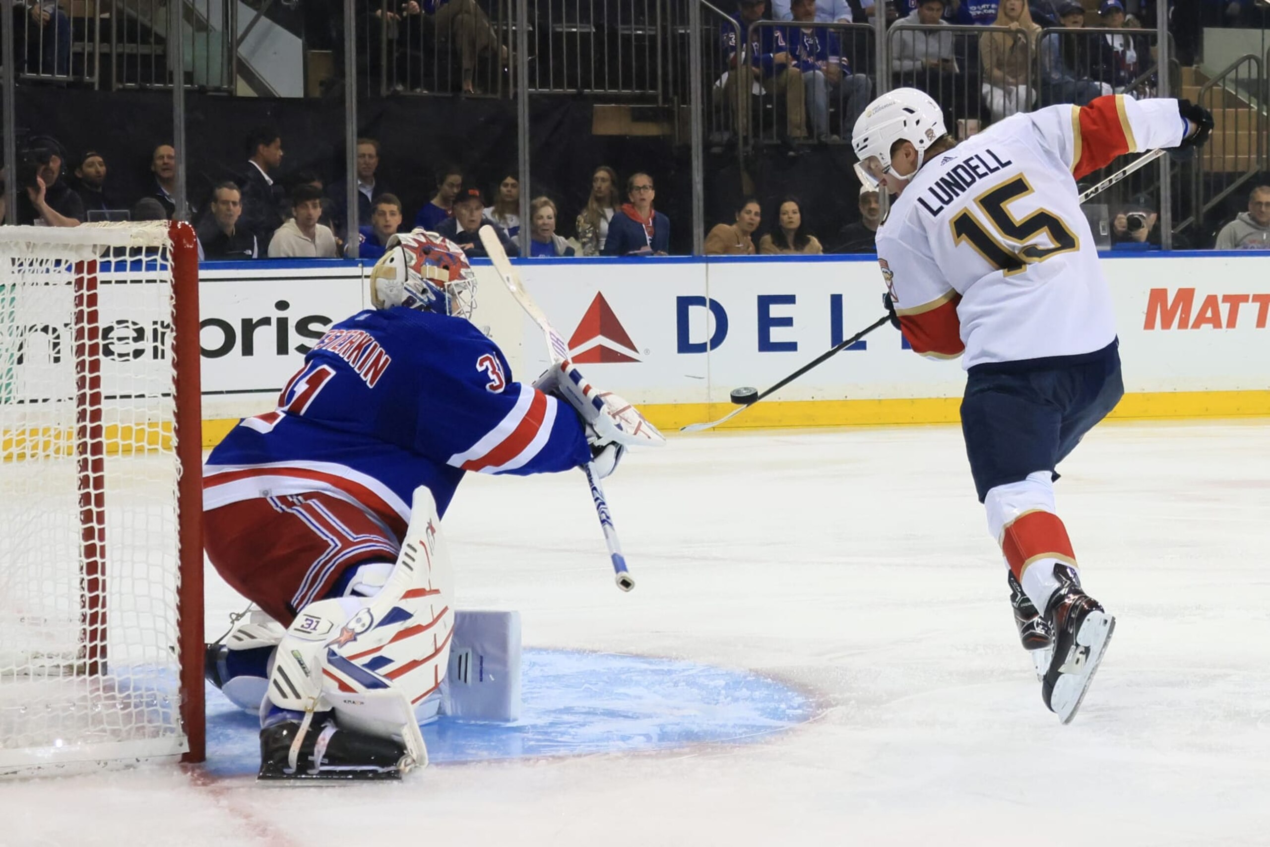 NEW YORK, NEW YORK - MAY 30: Igor Shesterkin #31 of the New York Rangers defends the net against Anton Lundell #15 of the Florida Panthers during the third period in Game Five of the Eastern Conference Final of the 2024 Stanley Cup Playoffs at Madison Square Garden on May 30, 2024 in New York City. (Photo by Bruce Bennett/Getty Images) NEW YORK, NEW YORK - MAY 30: Igor Shesterkin #31 of the New York Rangers defends the net against Anton Lundell #15 of the Florida Panthers during the third period in Game Five of the Eastern Conference Final of the 2024 Stanley Cup Playoffs at Madison Square Garden on May 30, 2024 in New York City. (Photo by Bruce Bennett/Getty Images)