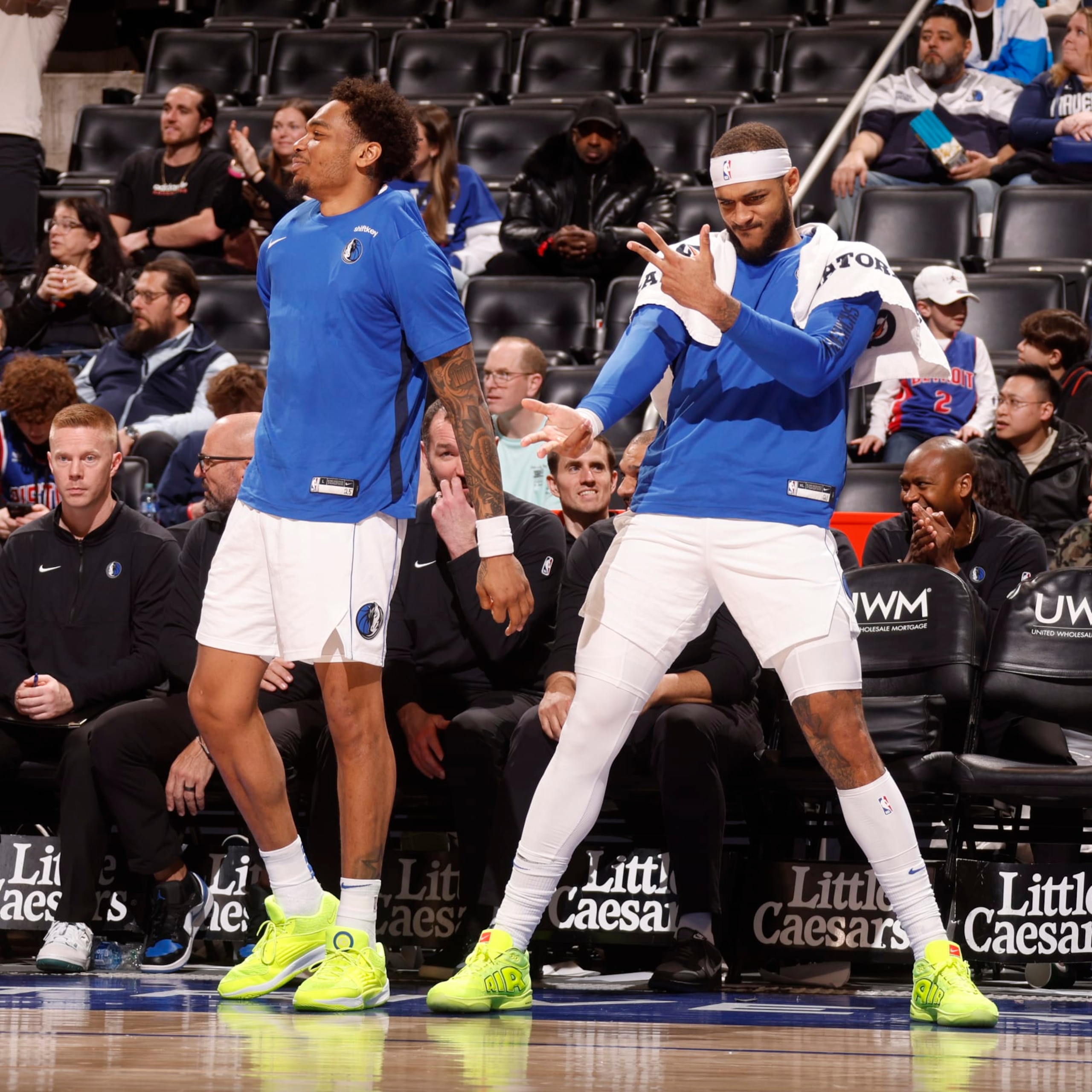 DETROIT, MI - MARCH 9: PJ Washington #25 and Daniel Gafford #21 of the Dallas Mavericks celebrate during the game against the Detroit Pistons on March 9, 2024 at Little Caesars Arena in Detroit, Michigan. NOTE TO USER: User expressly acknowledges and agrees that, by downloading and/or using this photograph, User is consenting to the terms and conditions of the Getty Images License Agreement. Mandatory Copyright Notice: Copyright 2024 NBAE (Photo by Brian Sevald/NBAE via Getty Images)
