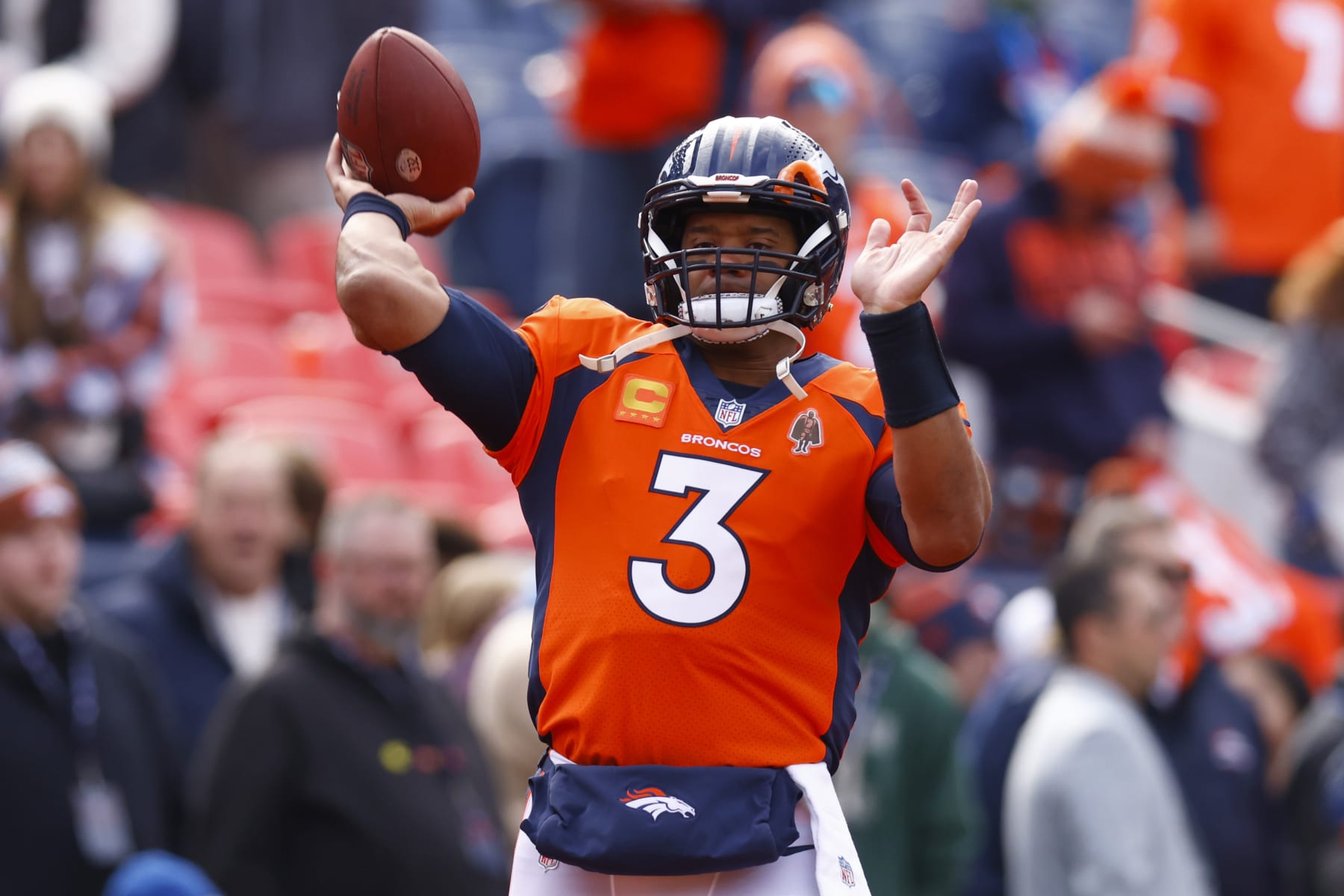 DENVER, COLORADO - DECEMBER 31: Russell Wilson #3 of the Denver Broncos warms up prior to a game against the Los Angeles Chargers at Empower Field At Mile High on December 31, 2023 in Denver, Colorado. (Photo by Justin Edmonds/Getty Images)
