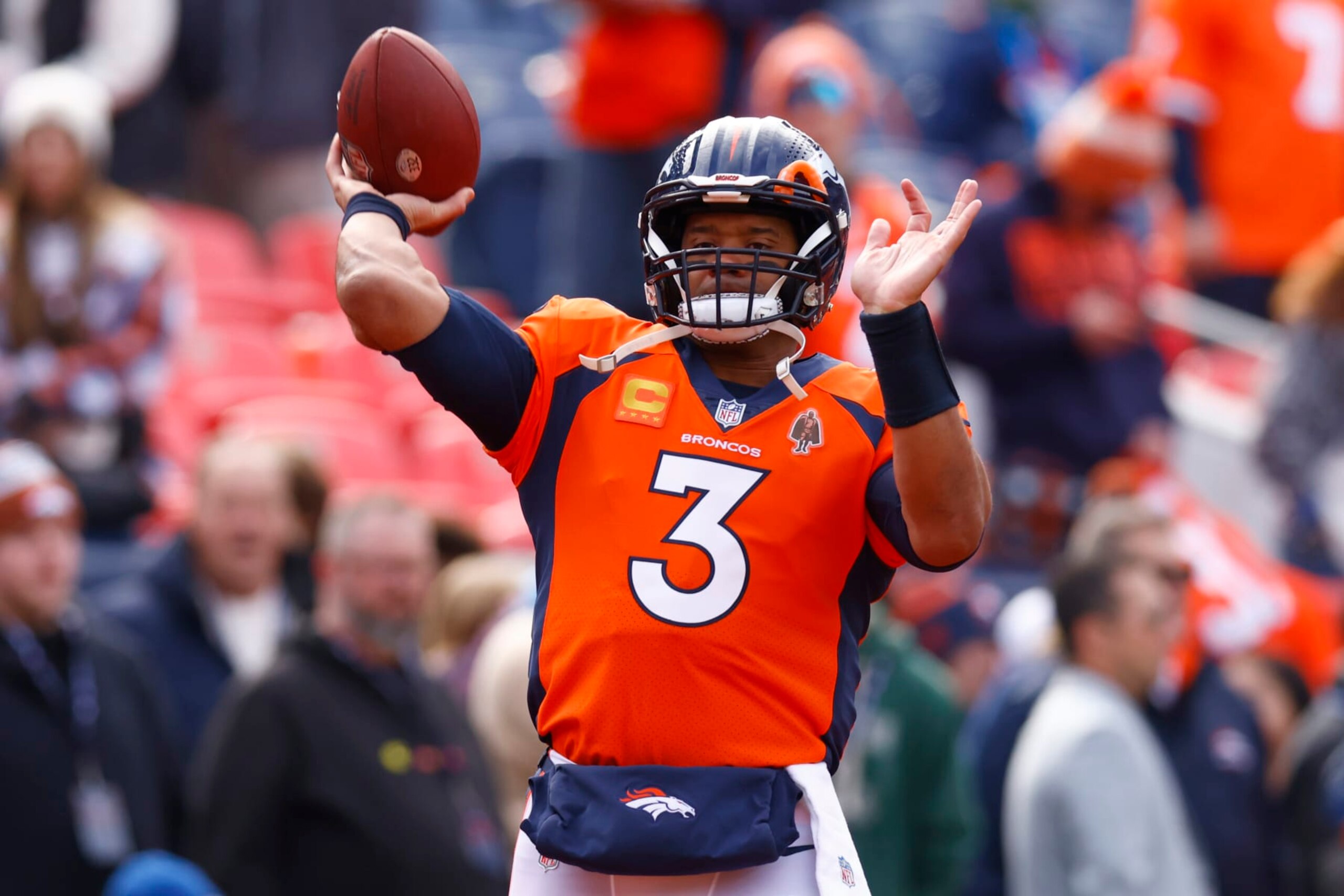 DENVER, COLORADO - DECEMBER 31: Russell Wilson #3 of the Denver Broncos warms up prior to a game against the Los Angeles Chargers at Empower Field At Mile High on December 31, 2023 in Denver, Colorado. (Photo by Justin Edmonds/Getty Images)