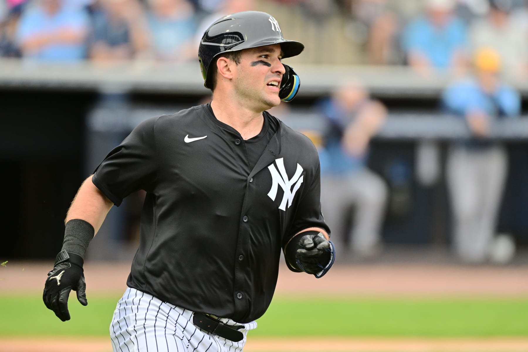 TAMPA, FLORIDA - MARCH 06: Luis Torrens #29 of the New York Yankees runs to second base on a double in the fifth inning against the Tampa Bay Rays during a 2024 Grapefruit League Spring Training game at George M. Steinbrenner Field on March 06, 2024 in Tampa, Florida.  (Photo by Julio Aguilar/Getty Images)