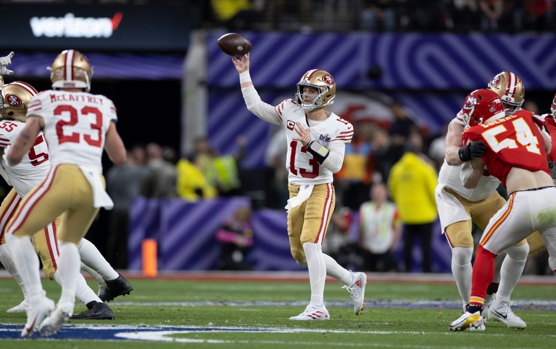 LAS VEGAS, NV - FEBRUARY 11: Brock Purdy #13 of the San Francisco 49ers passes during Super Bowl LVIII against the Kansas City Chiefs at Allegiant Stadium on February 11, 2024 in Las Vegas, Nevada. The Chiefs defeated the 49ers 25-22. (Photo by Michael Zagaris/San Francisco 49ers/Getty Images)