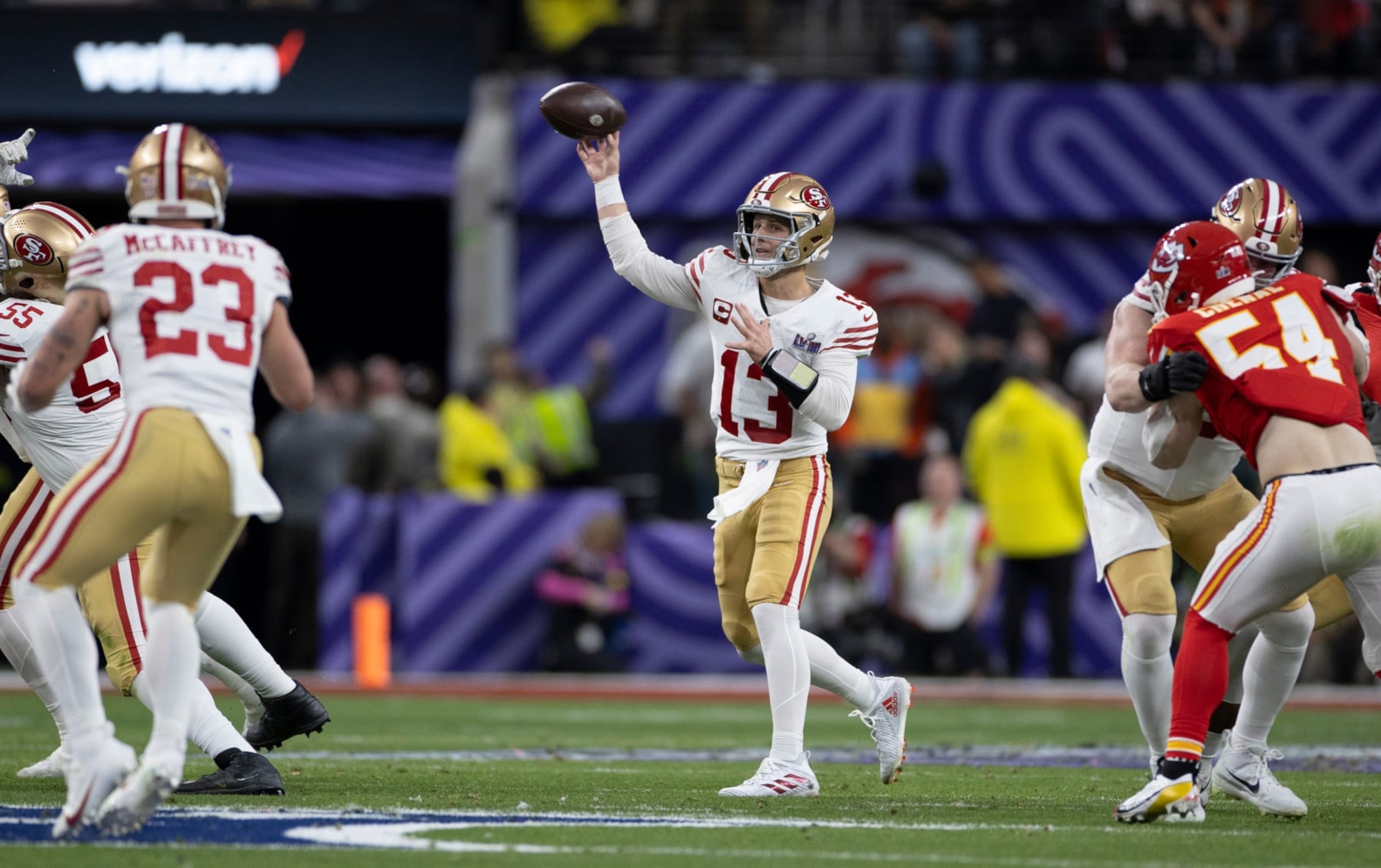 LAS VEGAS, NV - FEBRUARY 11: Brock Purdy #13 of the San Francisco 49ers passes during Super Bowl LVIII against the Kansas City Chiefs at Allegiant Stadium on February 11, 2024 in Las Vegas, Nevada. The Chiefs defeated the 49ers 25-22. (Photo by Michael Zagaris/San Francisco 49ers/Getty Images) LAS VEGAS, NV - FEBRUARY 11: Brock Purdy #13 of the San Francisco 49ers passes during Super Bowl LVIII against the Kansas City Chiefs at Allegiant Stadium on February 11, 2024 in Las Vegas, Nevada. The Chiefs defeated the 49ers 25-22. (Photo by Michael Zagaris/San Francisco 49ers/Getty Images)