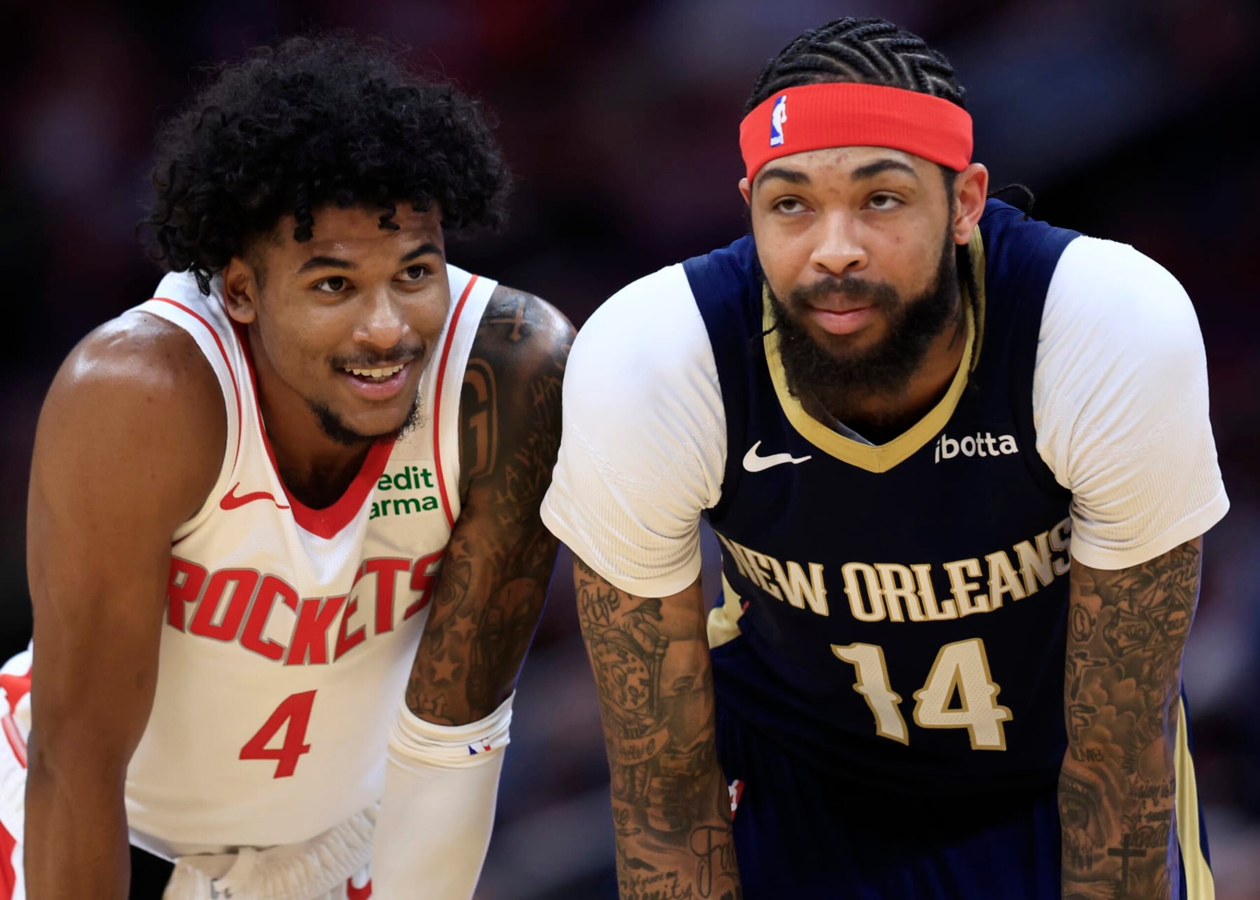 HOUSTON, TEXAS - JANUARY 31: Brandon Ingram #14 of the New Orleans Pelicans stands alongside Jalen Green #4 of the Houston Rockets during the first half at Toyota Center on January 31, 2024 in Houston, Texas. NOTE TO USER: User expressly acknowledges and agrees that, by downloading and or using this photograph, User is consenting to the terms and conditions of the Getty Images License Agreement. (Photo by Carmen Mandato/Getty Images) HOUSTON, TEXAS - JANUARY 31: Brandon Ingram #14 of the New Orleans Pelicans stands alongside Jalen Green #4 of the Houston Rockets during the first half at Toyota Center on January 31, 2024 in Houston, Texas. NOTE TO USER: User expressly acknowledges and agrees that, by downloading and or using this photograph, User is consenting to the terms and conditions of the Getty Images License Agreement. (Photo by Carmen Mandato/Getty Images)