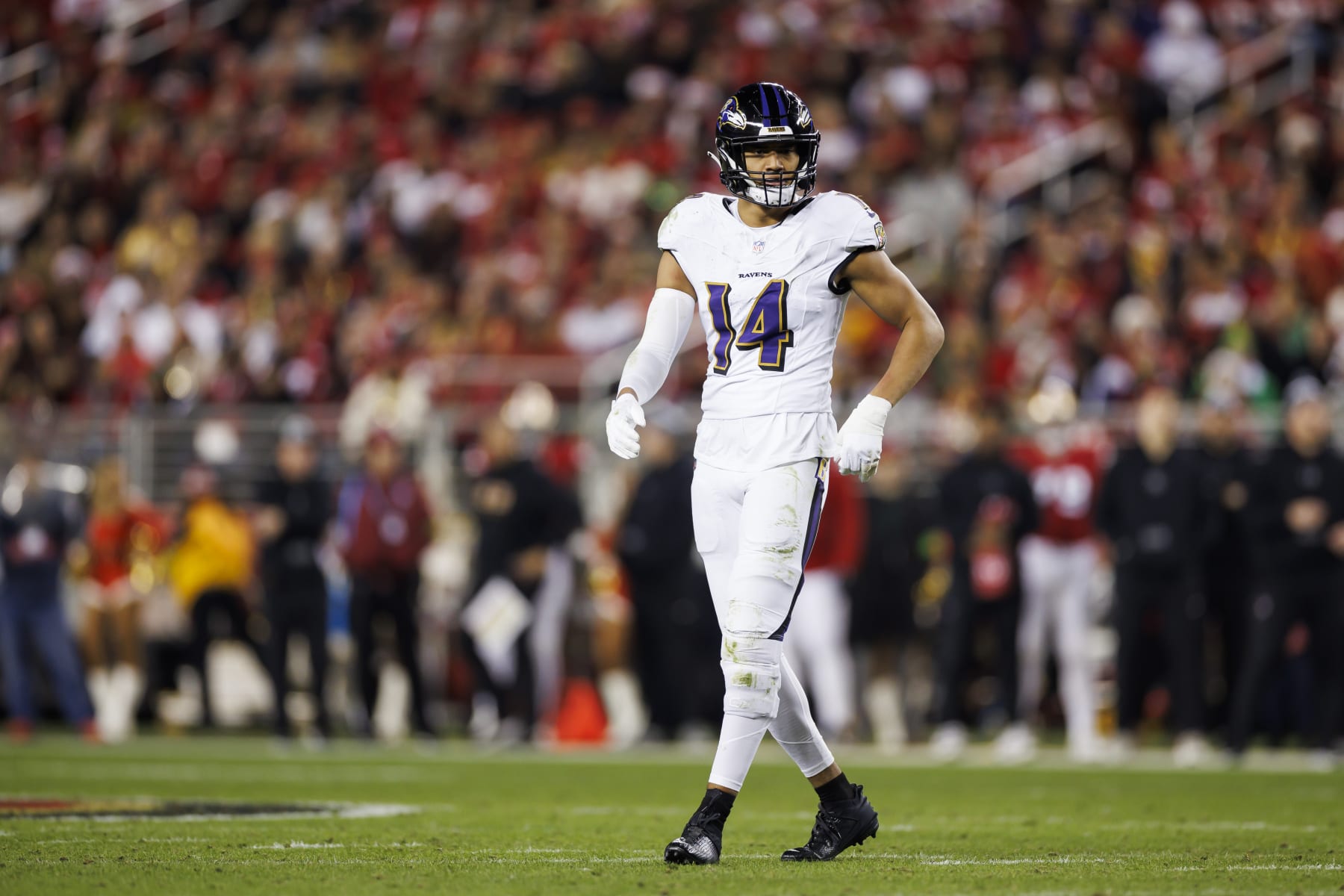 SANTA CLARA, CALIFORNIA - DECEMBER 25: Kyle Hamilton #14 of the Baltimore Ravens defends in coverage during an NFL football game against the San Francisco 49ers at Levi's Stadium on December 25, 2023 in Santa Clara, California. (Photo by Ryan Kang/Getty Images)
