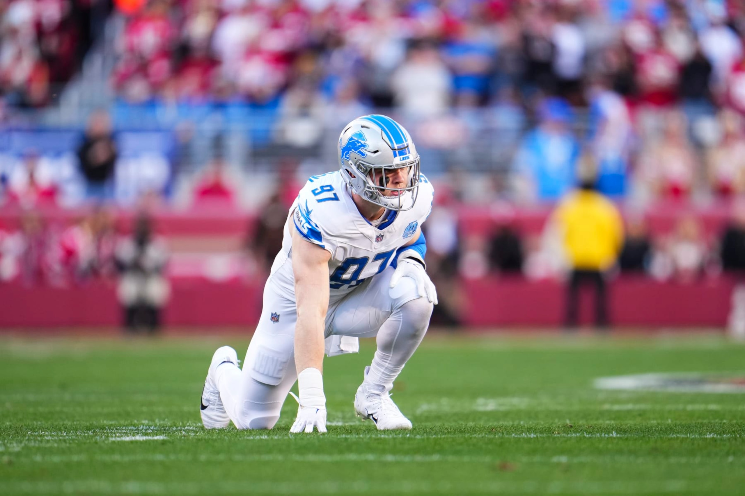 SANTA CLARA, CA - JANUARY 28: Aidan Hutchinson #97 of the Detroit Lions lines up during the NFC Championship NFL football game against the San Francisco 49ers at Levi's Stadium on January 28, 2024 in Santa Clara, California. (Photo by Cooper Neill/Getty Images) SANTA CLARA, CA - JANUARY 28: Aidan Hutchinson #97 of the Detroit Lions lines up during the NFC Championship NFL football game against the San Francisco 49ers at Levi's Stadium on January 28, 2024 in Santa Clara, California. (Photo by Cooper Neill/Getty Images)